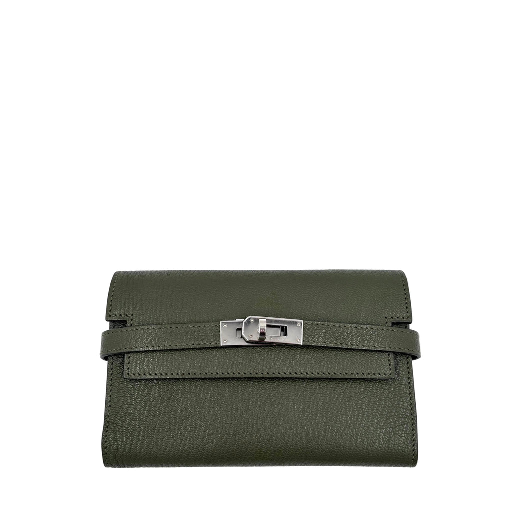 Pre-owned Hermès Kelly Wallet in Olive Green with Sliver Hardware - Authenticated