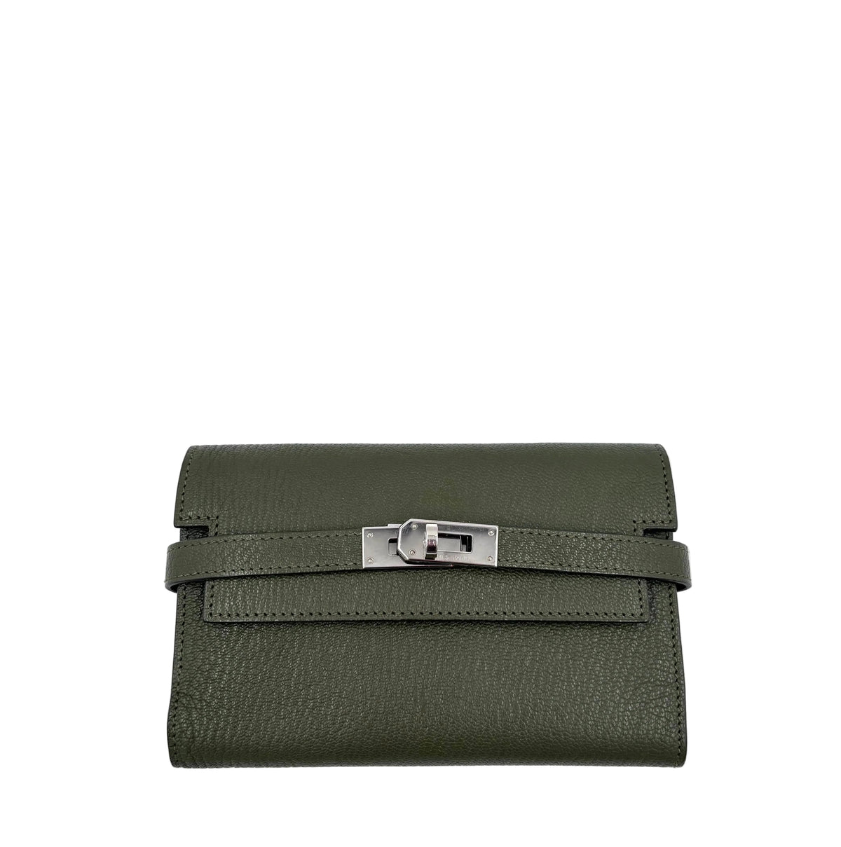 Pre-owned Hermès Kelly Wallet in Olive Green with Sliver Hardware - Authenticated