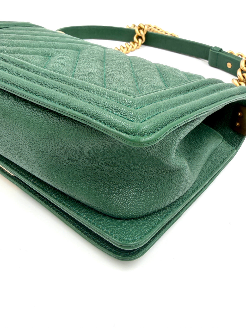 Pre-Owned Chanel Le Boy Bag Medium Green Chevron Caviar - Authenticated