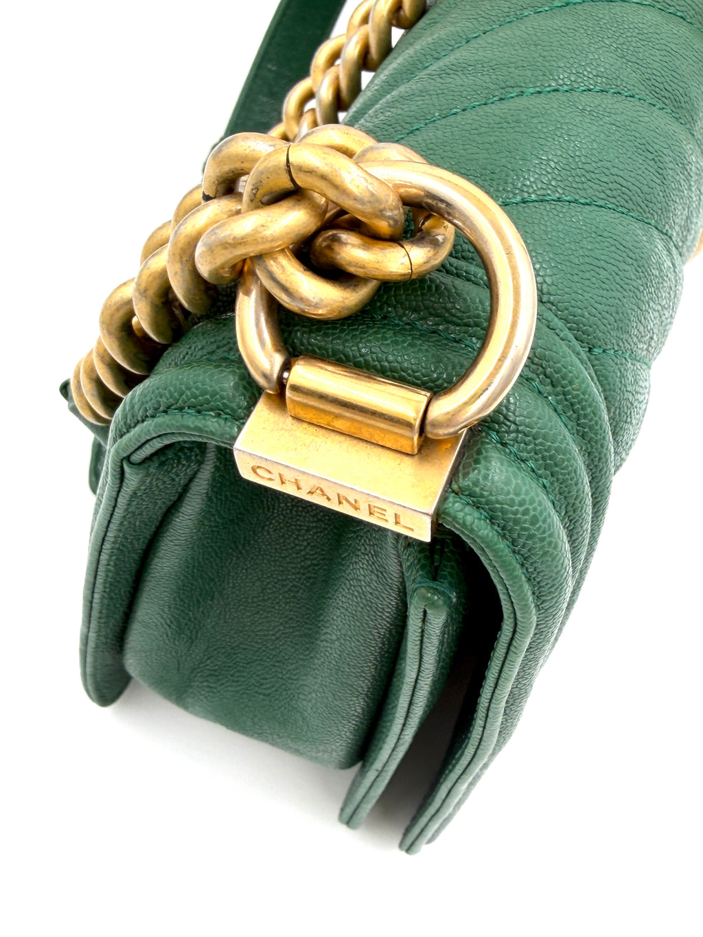 Pre-Owned Chanel Le Boy Bag Medium Green Chevron Caviar - Authenticated