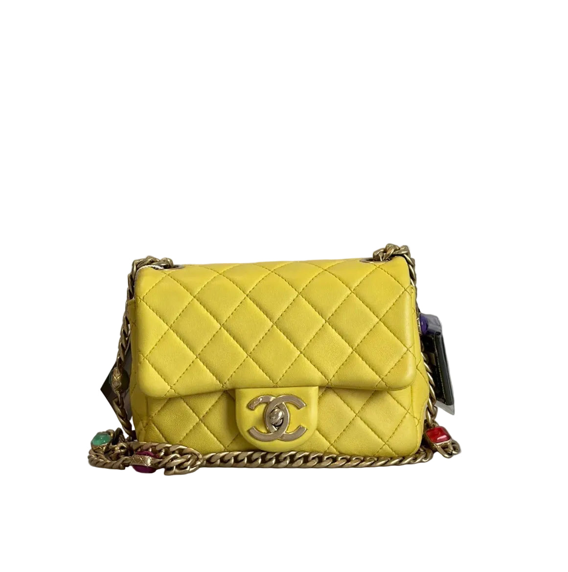 Pre-owned Chanel Yellow Leather Matelassé Handbag with Gem-Toned Charm Chain - Authenticated