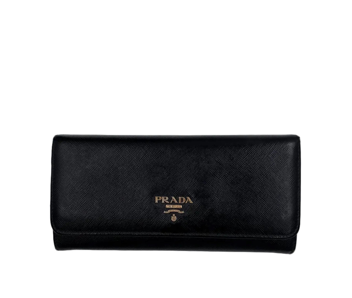 Pre-owned Prada Saffiano Leather Wallet in Black with Gold Hardware - Authenticated