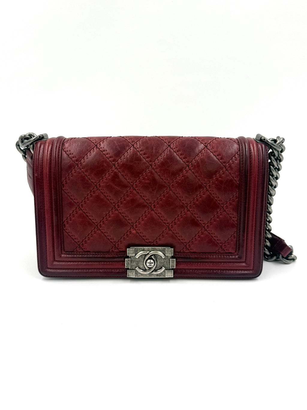 Pre-Owned Chanel Boy Bag Old Medium Burgundy Distressed Calfskin Ruthenium Hardware - Authenticated