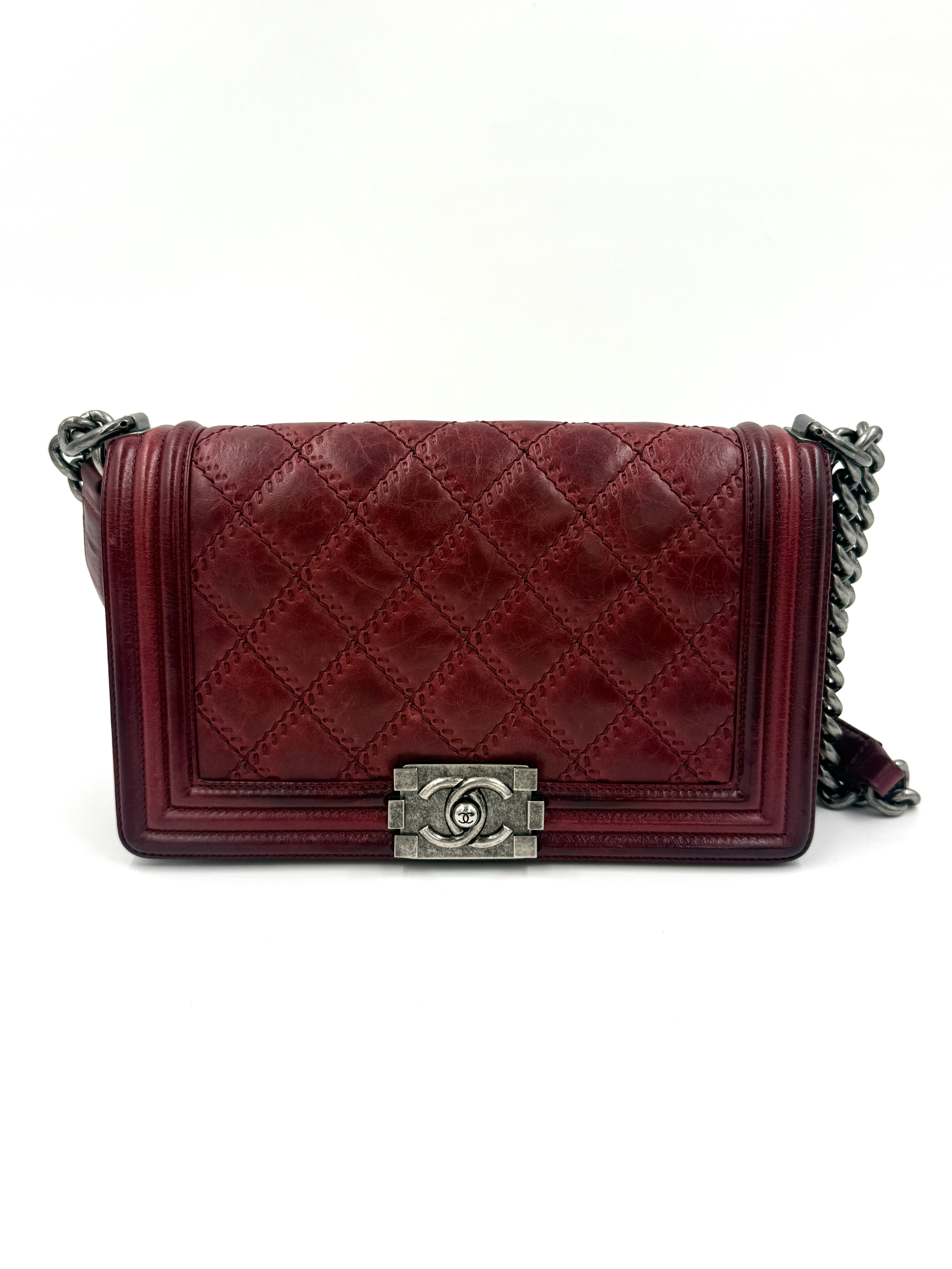 Pre-Owned Chanel Boy Bag Old Medium Burgundy Distressed Calfskin Ruthenium Hardware - Authenticated