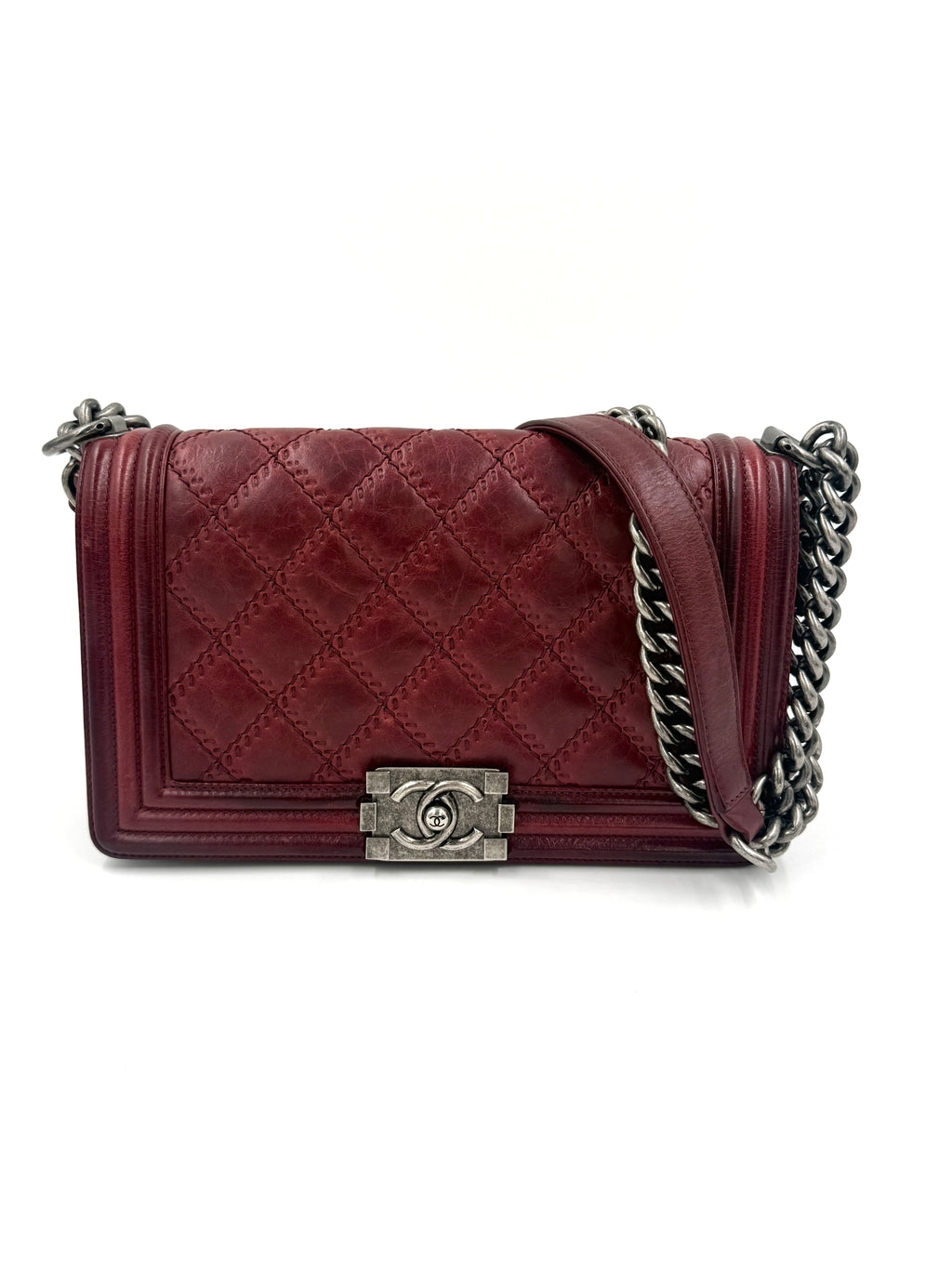Pre-Owned Chanel Boy Bag Old Medium Burgundy Distressed Calfskin Ruthenium Hardware - Authenticated