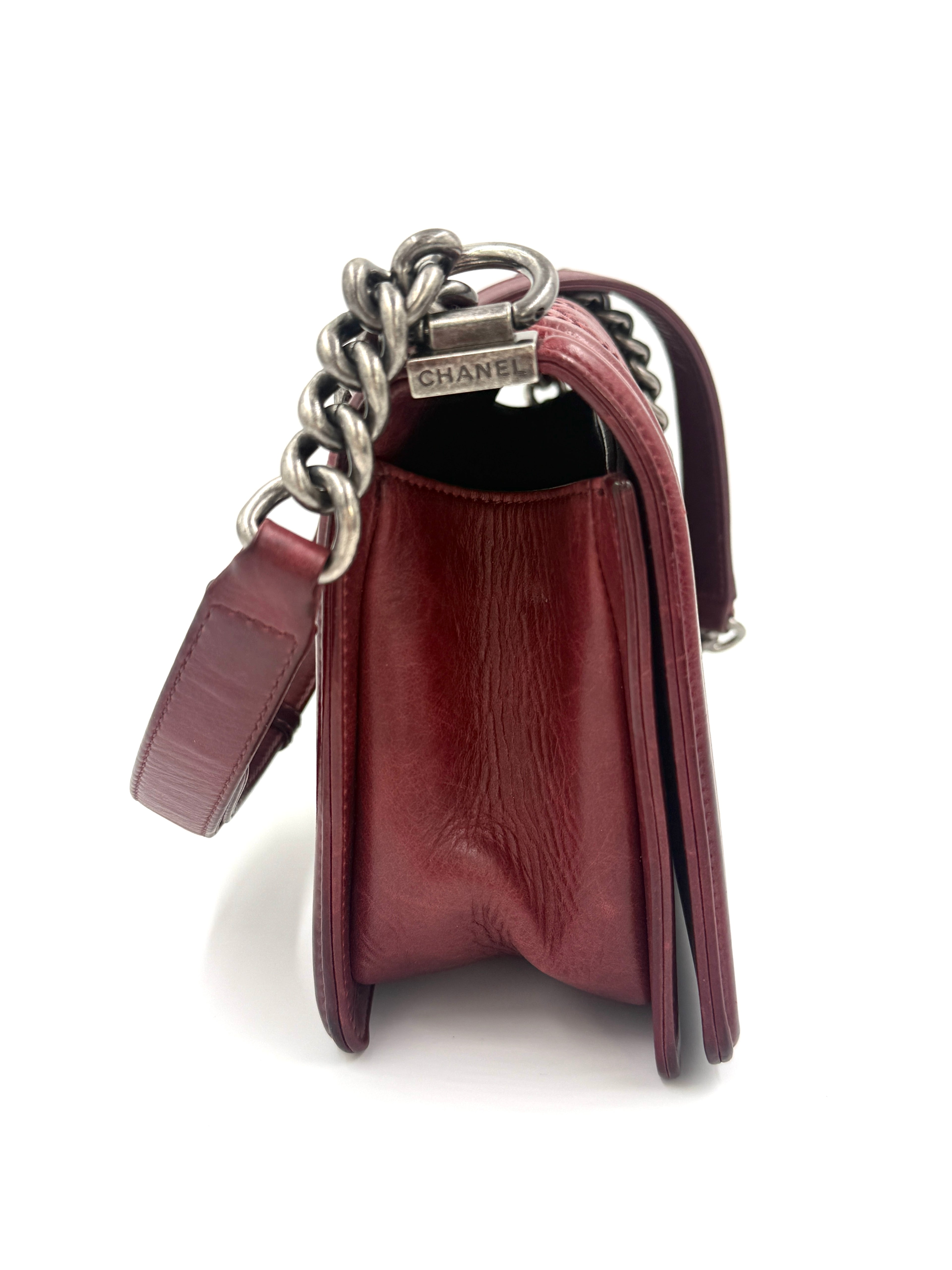 Pre-Owned Chanel Boy Bag Old Medium Burgundy Distressed Calfskin Ruthenium Hardware - Authenticated