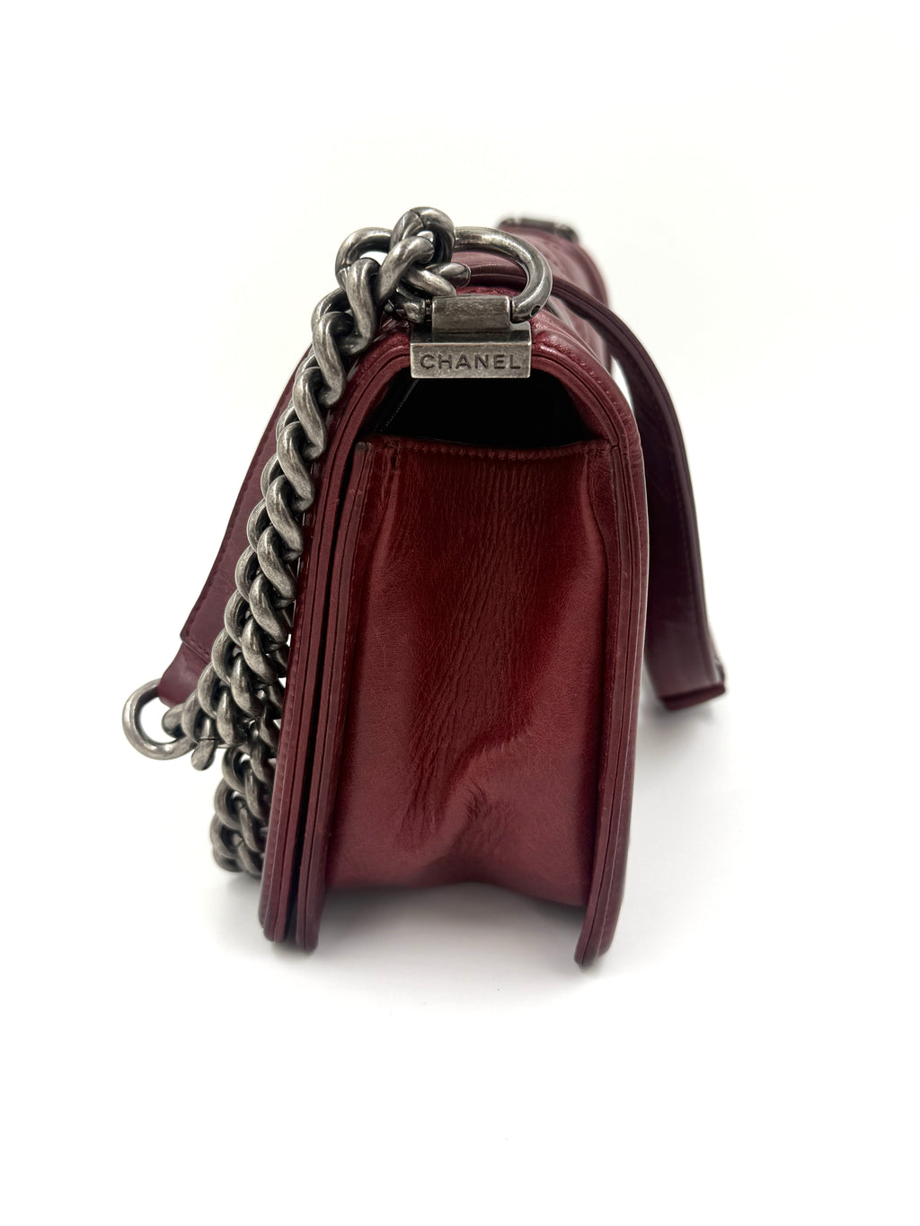 Pre-Owned Chanel Boy Bag Old Medium Burgundy Distressed Calfskin Ruthenium Hardware - Authenticated