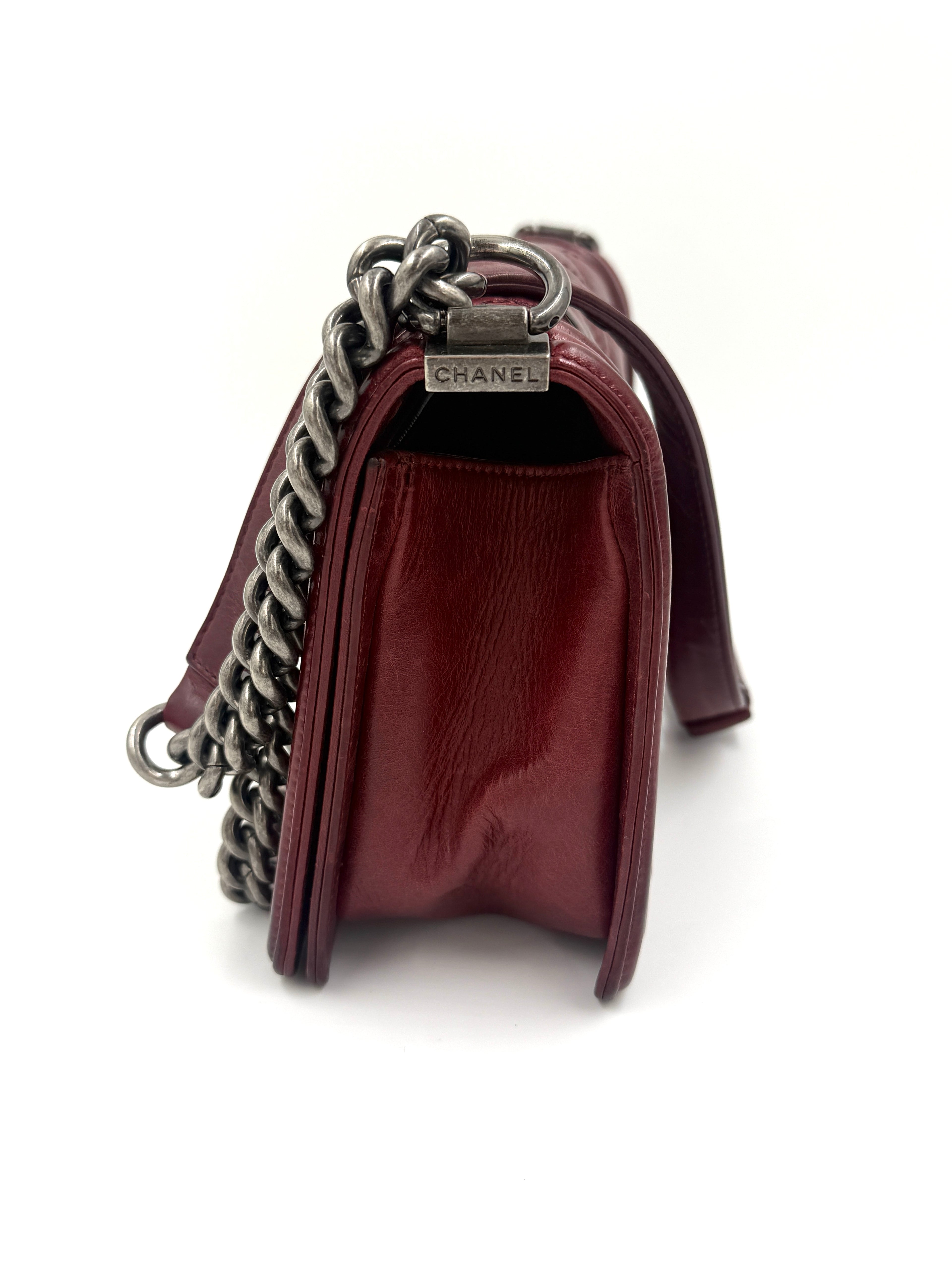 Pre-Owned Chanel Boy Bag Old Medium Burgundy Distressed Calfskin Ruthenium Hardware - Authenticated