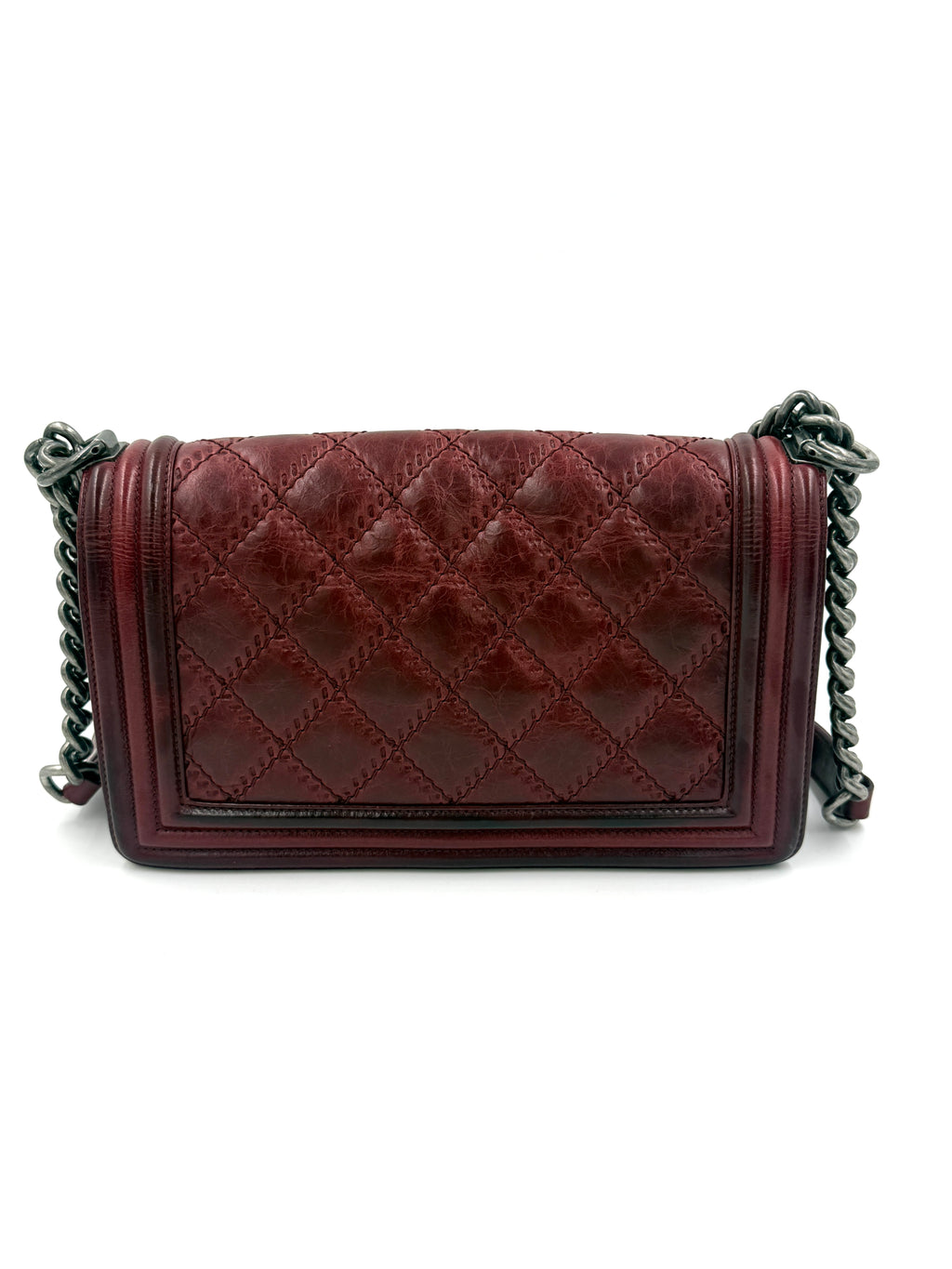 Pre-Owned Chanel Boy Bag Old Medium Burgundy Distressed Calfskin Ruthenium Hardware - Authenticated