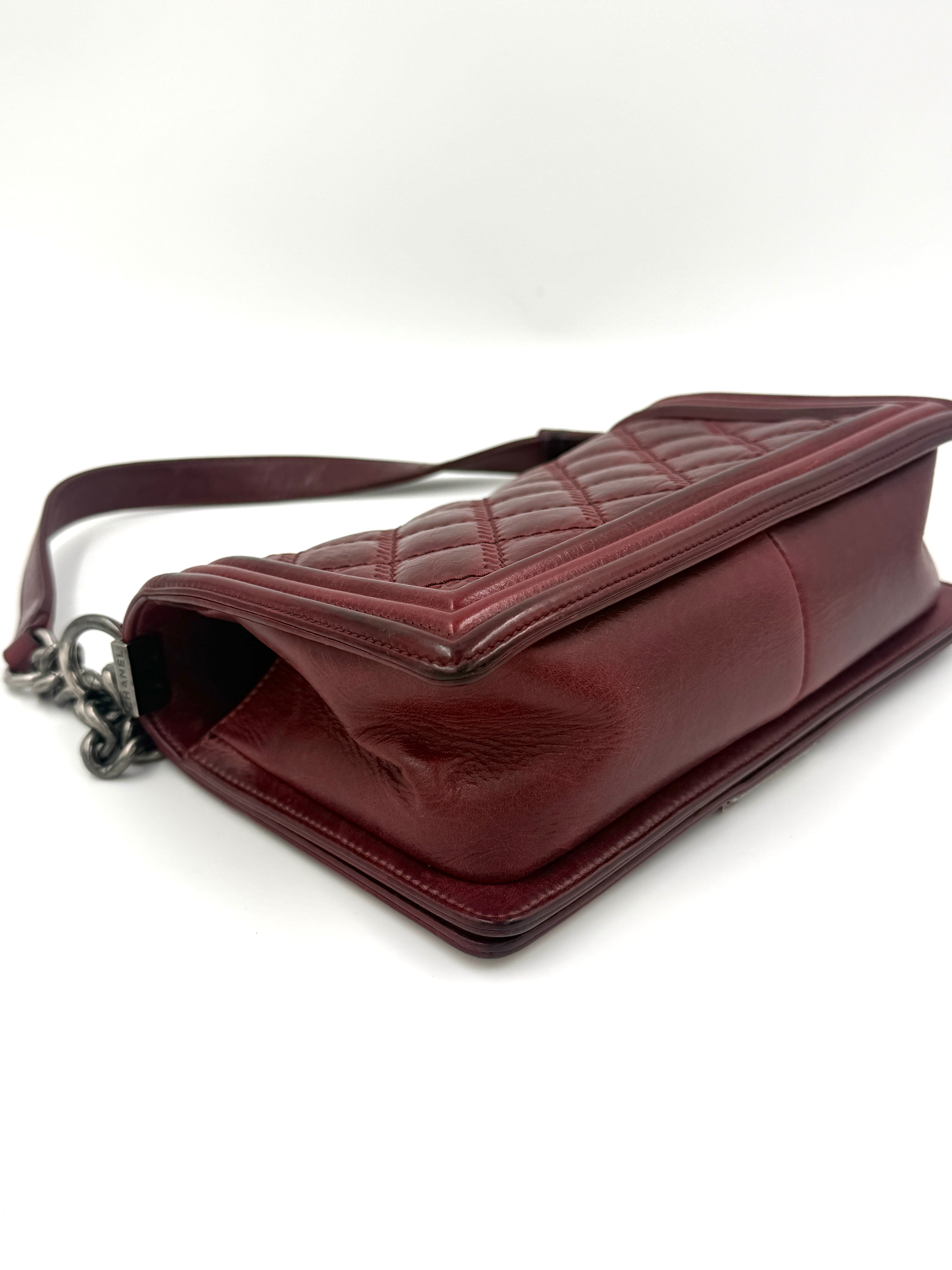 Pre-Owned Chanel Boy Bag Old Medium Burgundy Distressed Calfskin Ruthenium Hardware - Authenticated