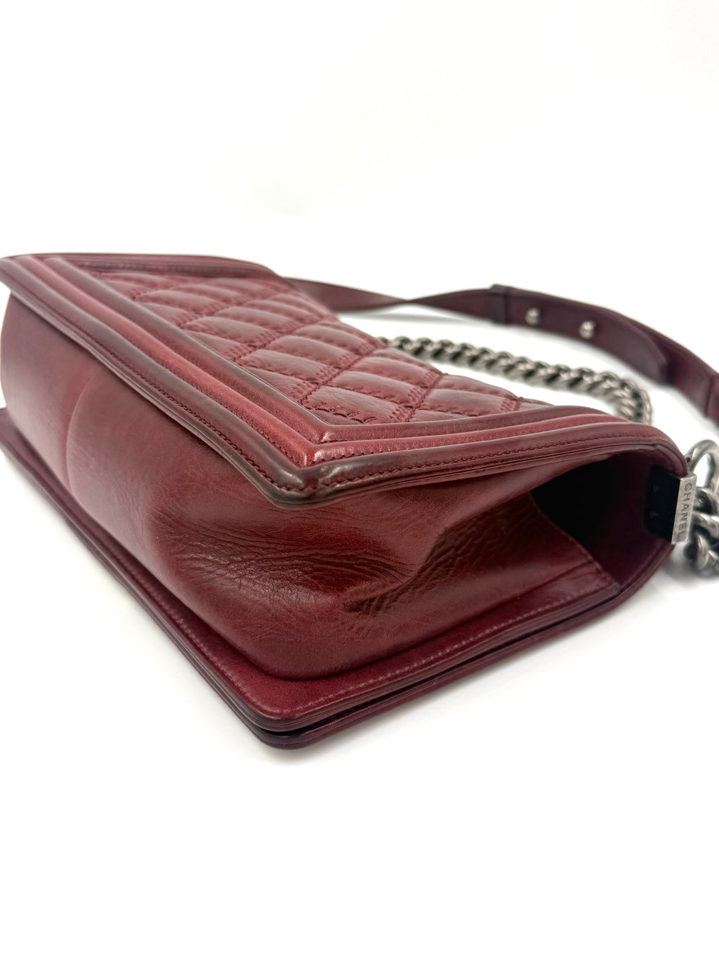Pre-Owned Chanel Boy Bag Old Medium Burgundy Distressed Calfskin Ruthenium Hardware - Authenticated