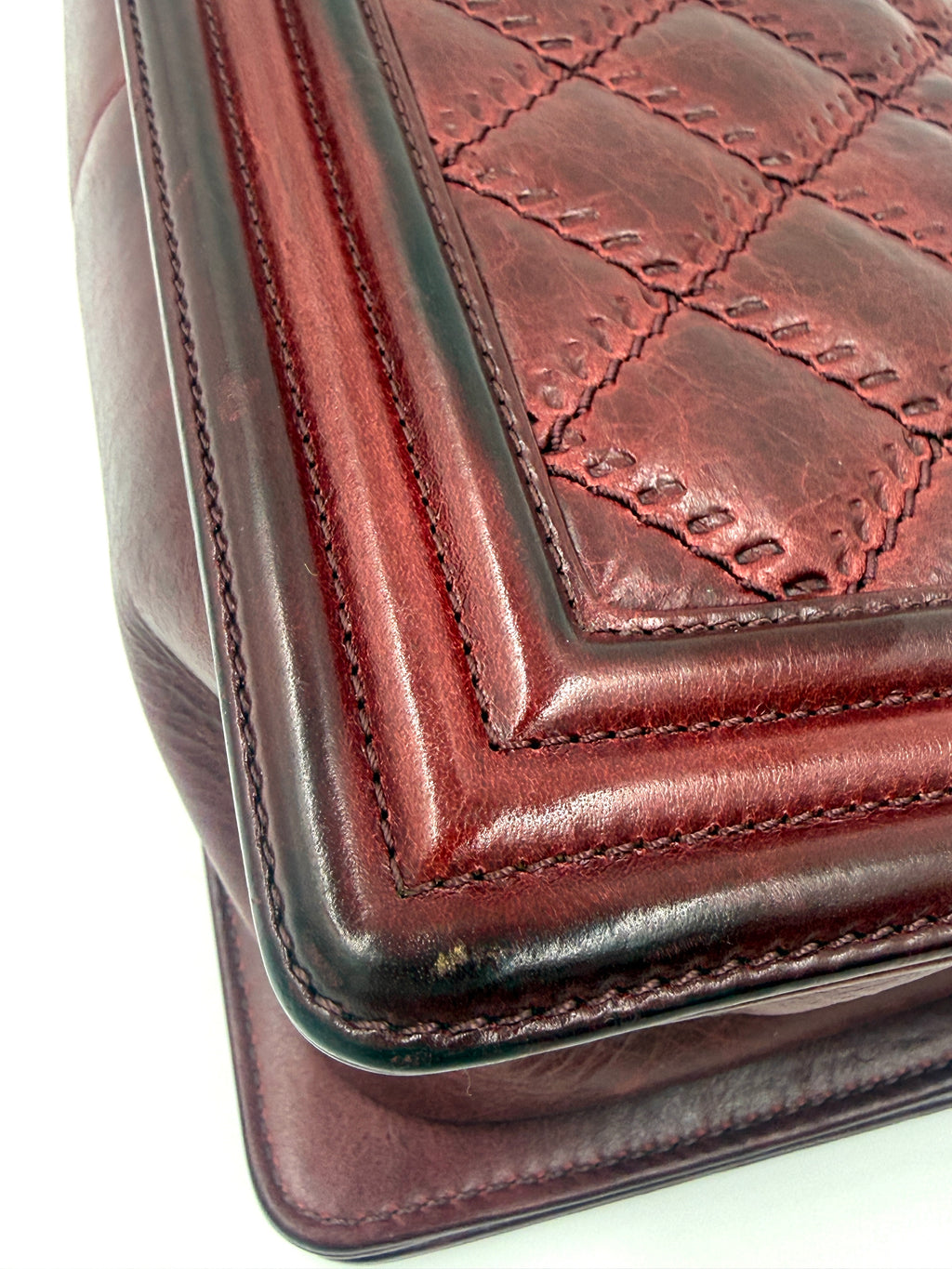 Pre-Owned Chanel Boy Bag Old Medium Burgundy Distressed Calfskin Ruthenium Hardware - Authenticated
