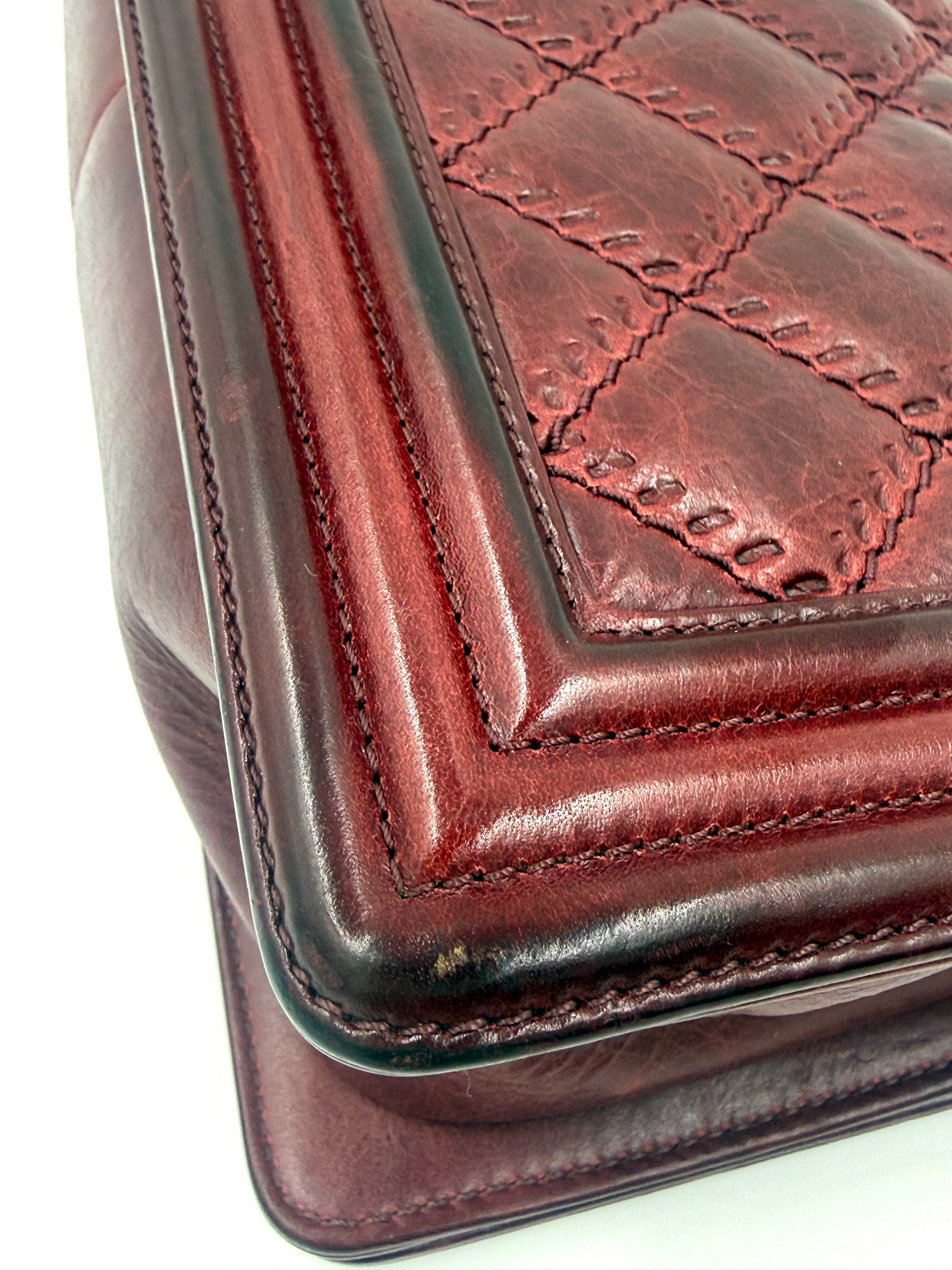 Pre-Owned Chanel Boy Bag Old Medium Burgundy Distressed Calfskin Ruthenium Hardware - Authenticated