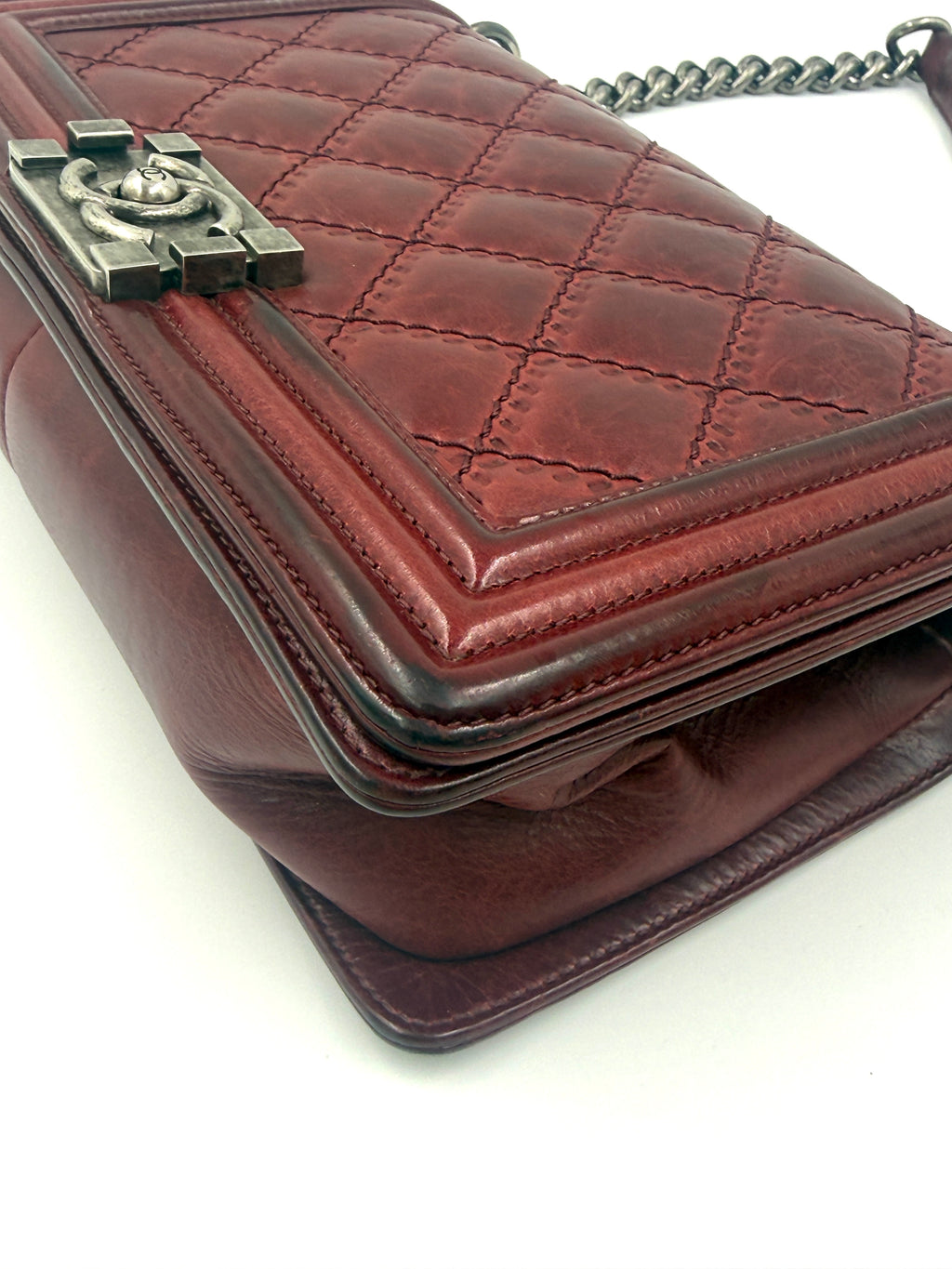 Pre-Owned Chanel Boy Bag Old Medium Burgundy Distressed Calfskin Ruthenium Hardware - Authenticated