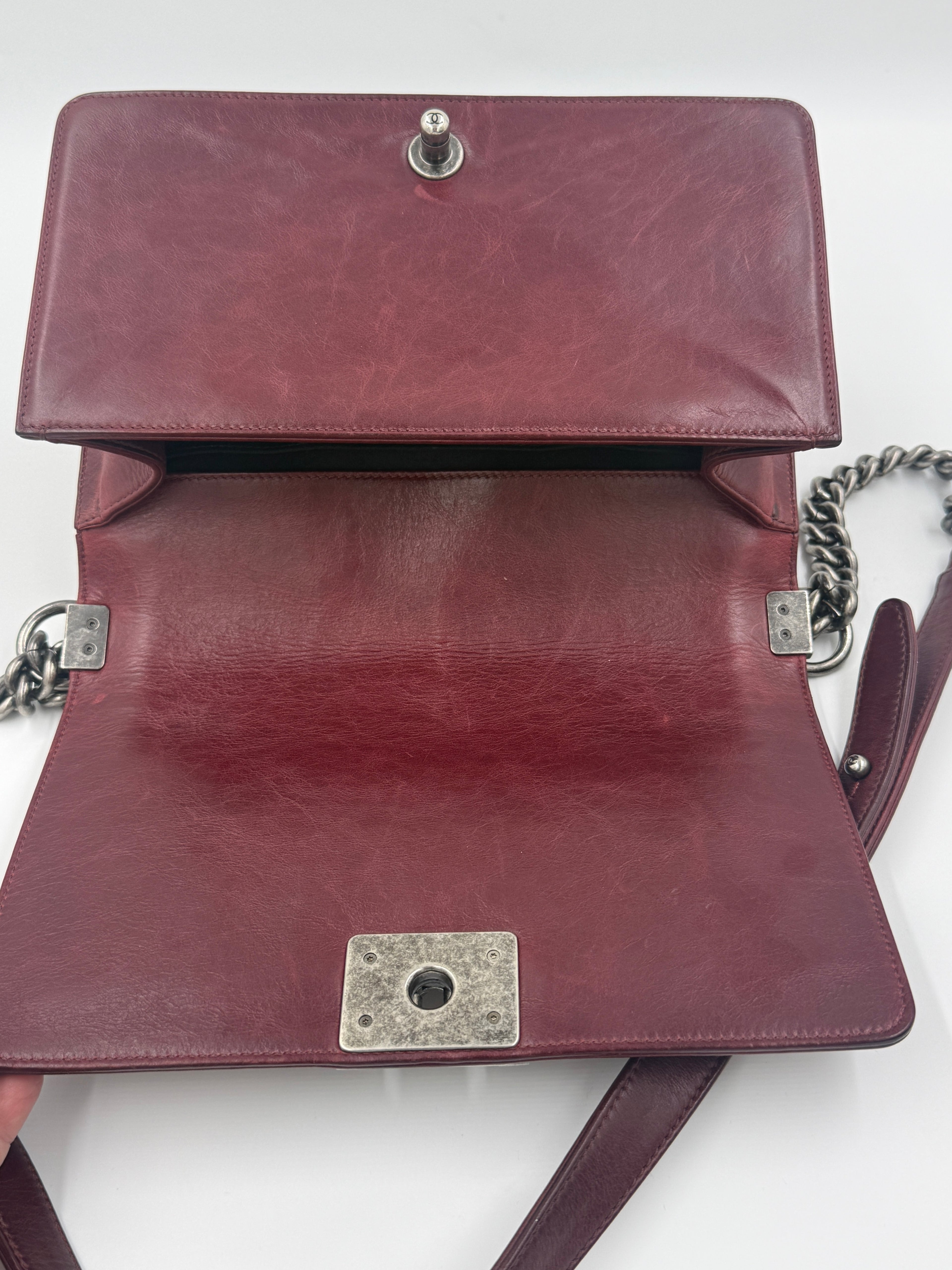 Pre-Owned Chanel Boy Bag Old Medium Burgundy Distressed Calfskin Ruthenium Hardware - Authenticated