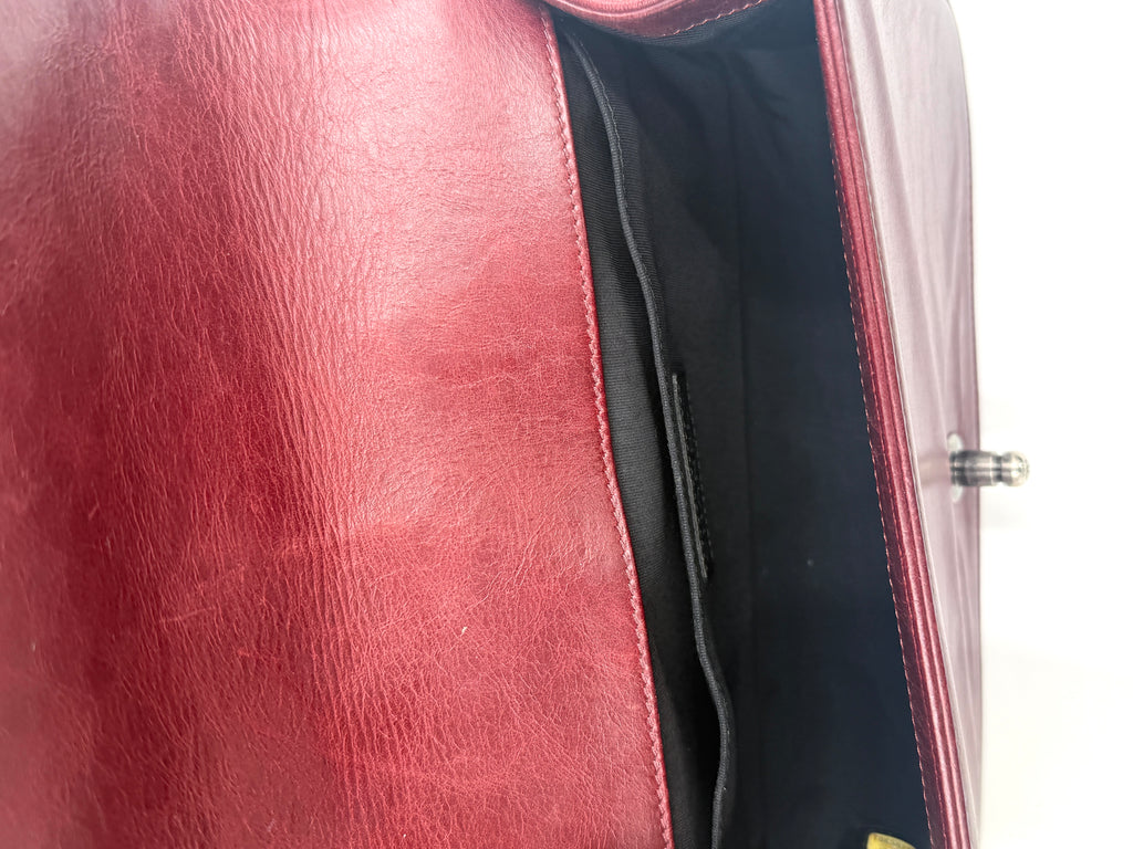 Pre-Owned Chanel Boy Bag Old Medium Burgundy Distressed Calfskin Ruthenium Hardware - Authenticated