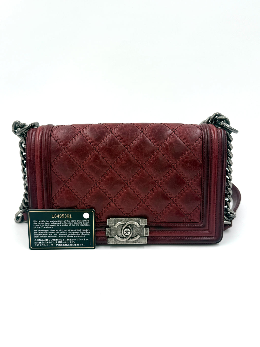 Pre-Owned Chanel Boy Bag Old Medium Burgundy Distressed Calfskin Ruthenium Hardware - Authenticated