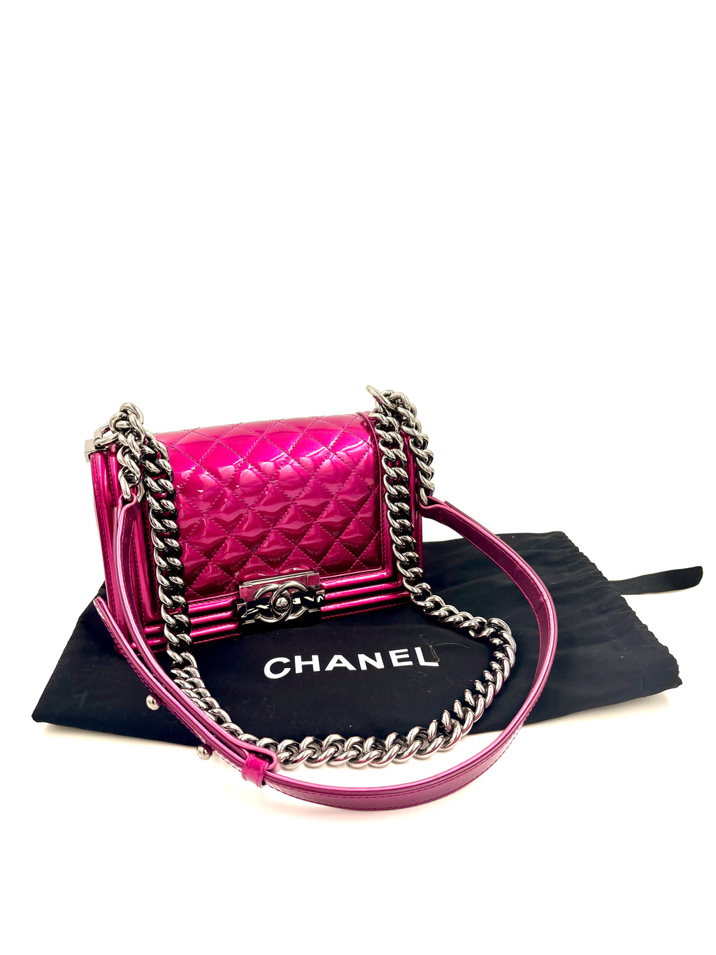 Pre-Owned Chanel Pink Liquid Patent Small Boy Bag Ruthenium Hardware - Authenticated
