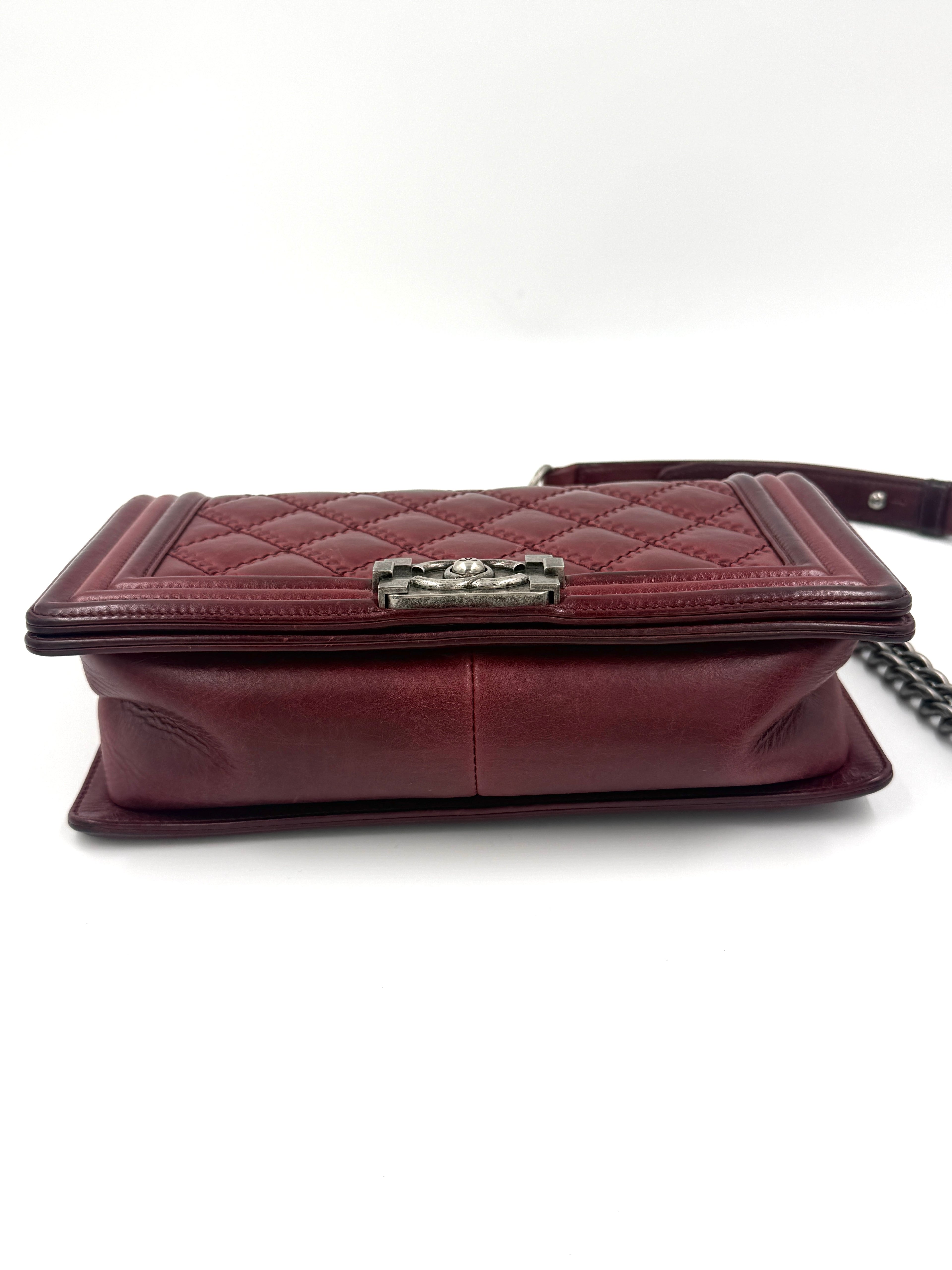 Pre-Owned Chanel Boy Bag Old Medium Burgundy Distressed Calfskin Ruthenium Hardware - Authenticated