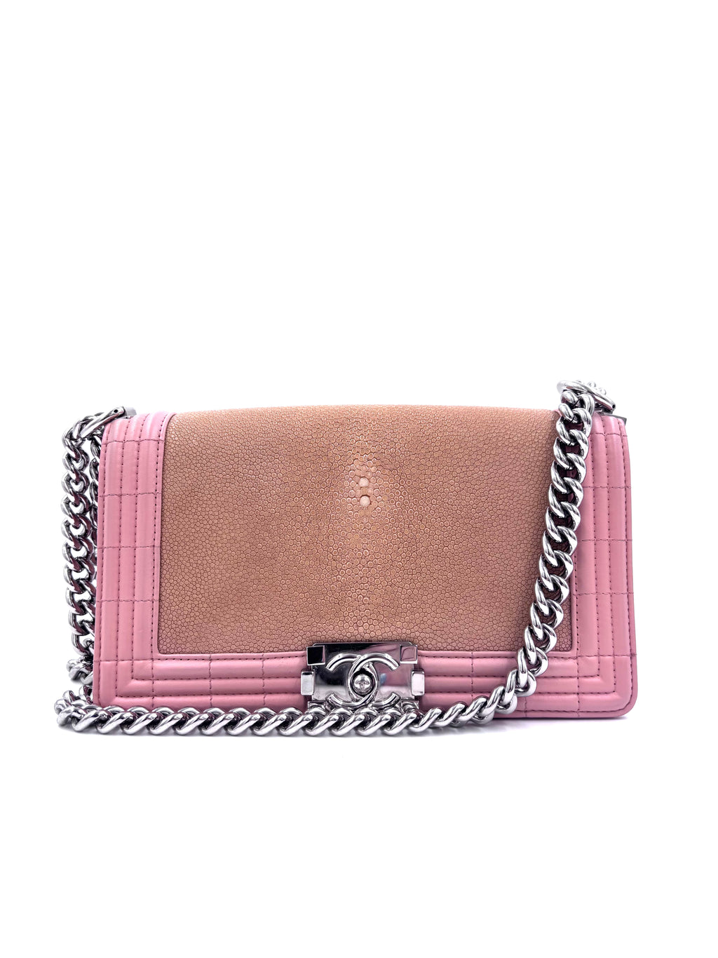 Pre-Owned Chanel Rare Pink and Nude Medium Galuchat Stingray Leather Boy Bag with Chrome Hardware - Authenticated