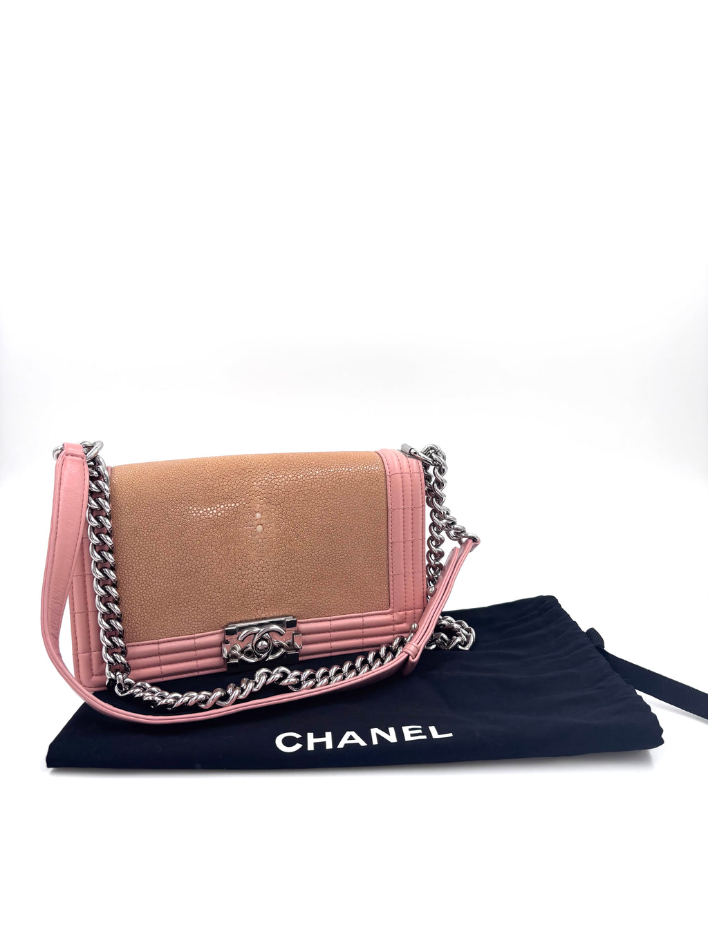 Pre-Owned Chanel Rare Pink and Nude Medium Galuchat Stingray Leather Boy Bag with Chrome Hardware - Authenticated