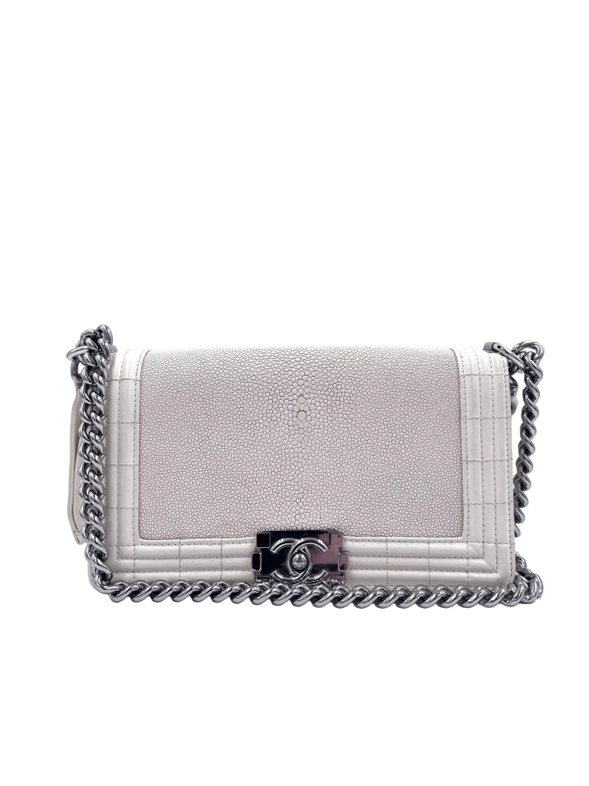 Pre-Owned Chanel Ivory Stingray Galuchat Medium Boy Bag Series 16 2012 - Authenticated