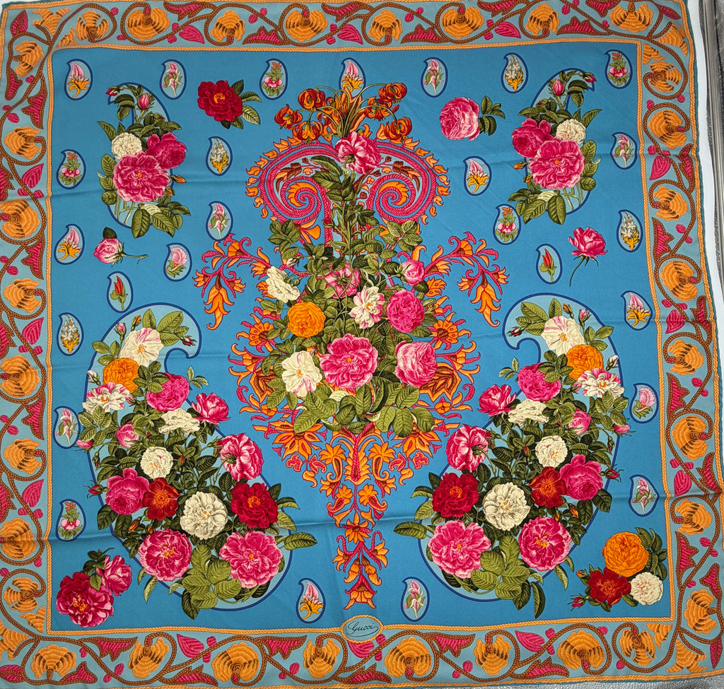 Pre-owned Gucci Blue Silk Floral and Paisley Scarf
