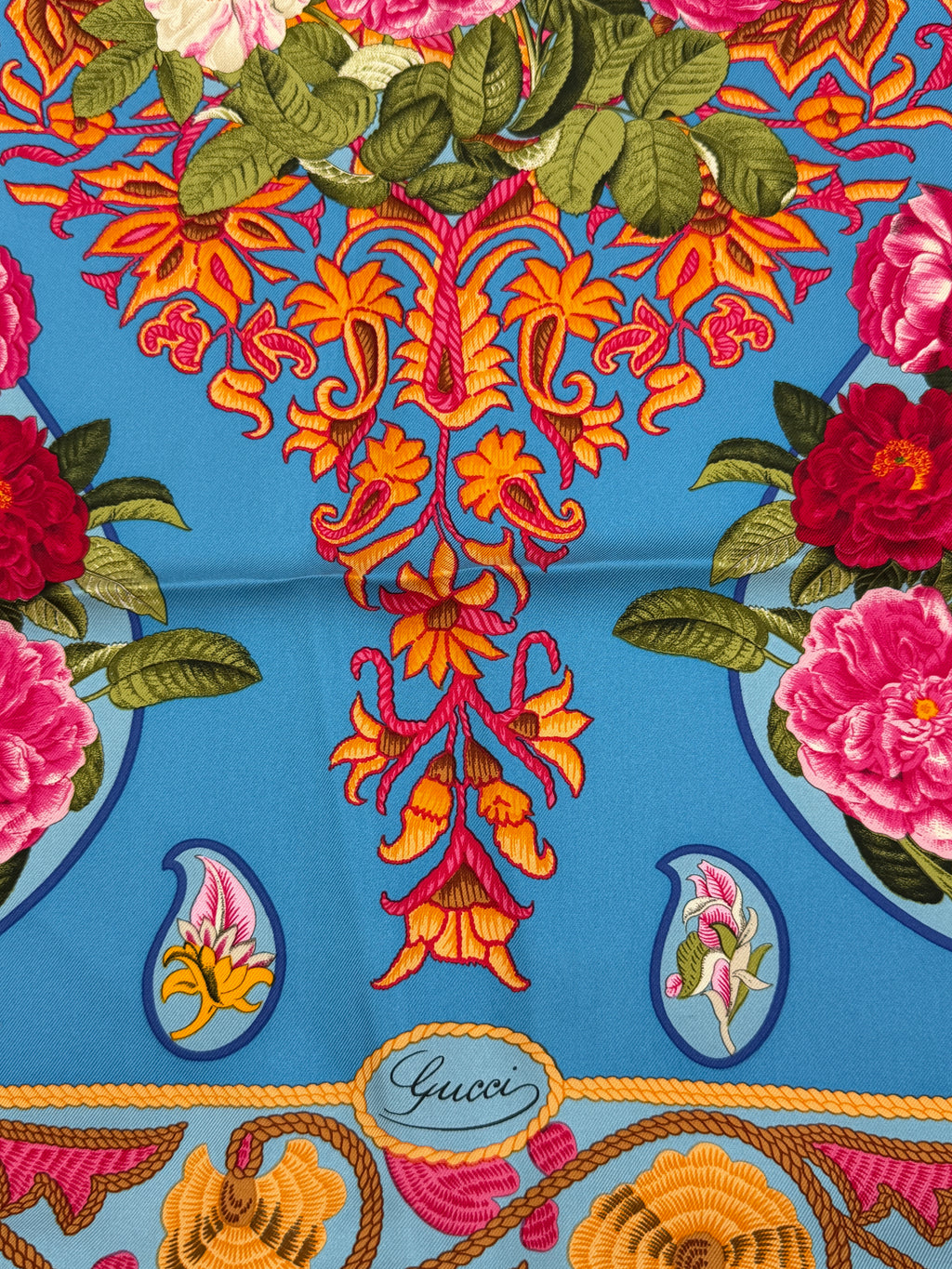 Pre-owned Gucci Blue Silk Floral and Paisley Scarf