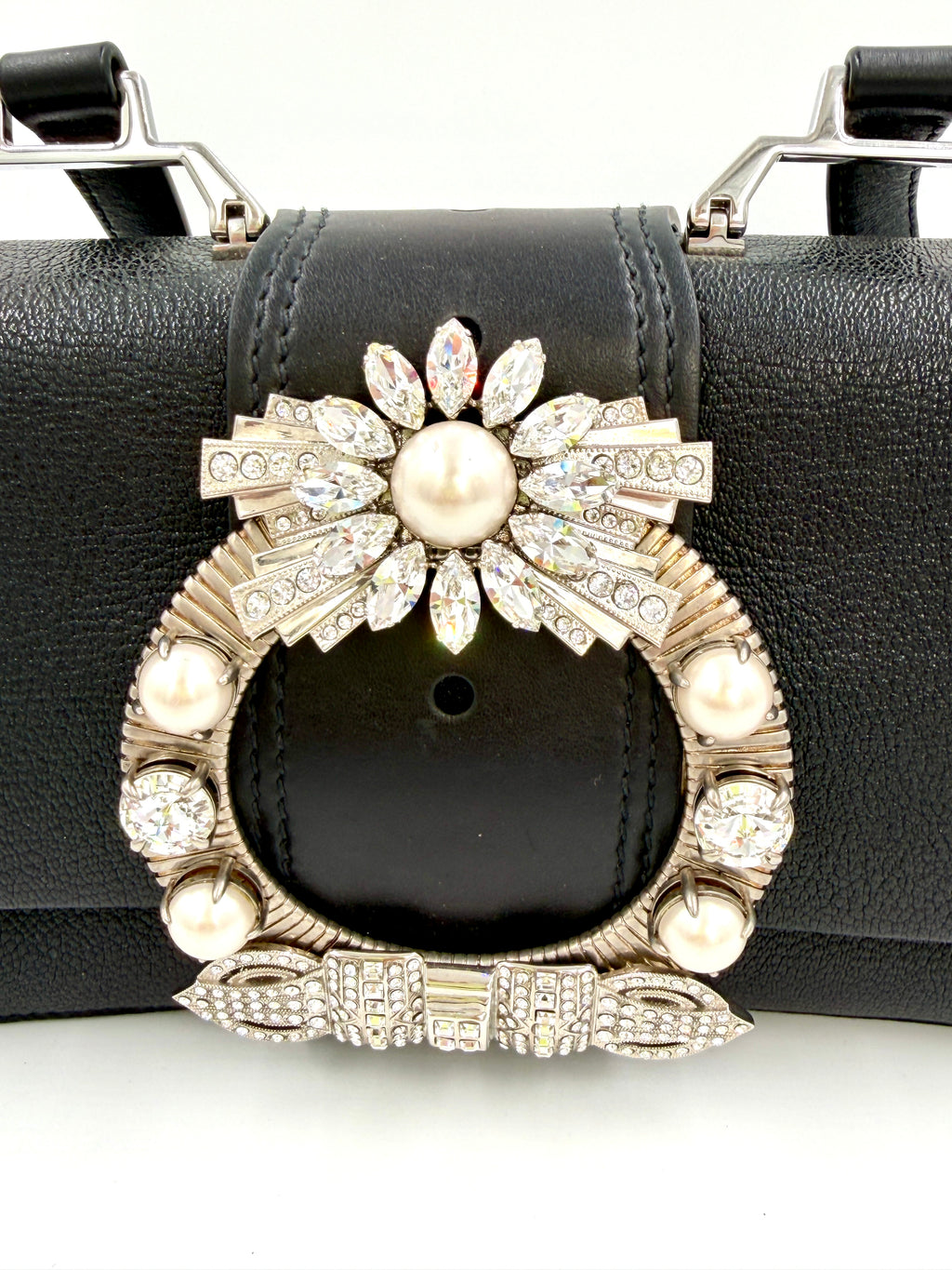 Pre-owned Miu Miu Calfskin Crystal and Pearl Closure Crossbody - Authenticated