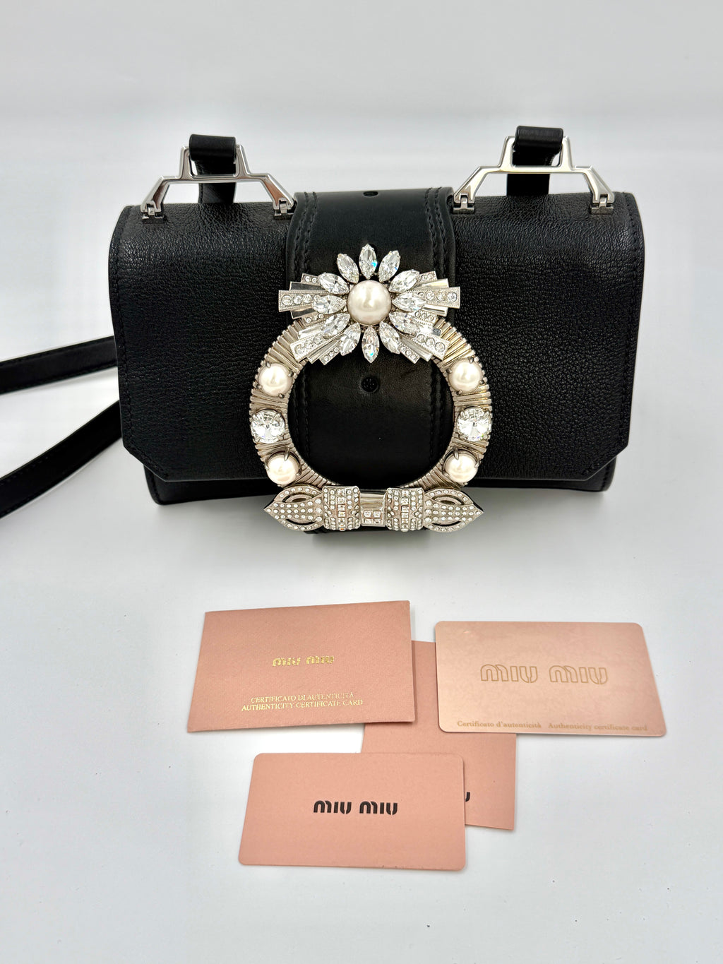 Pre-owned Miu Miu Calfskin Crystal and Pearl Closure Crossbody - Authenticated