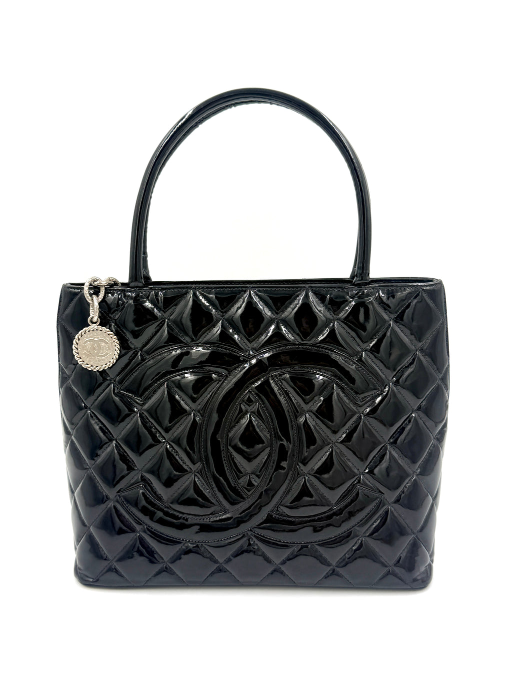 Pre-Owned Chanel Black Quilted Patent Leather Medallion Tote Bag with Silver Hardware - Authenticated