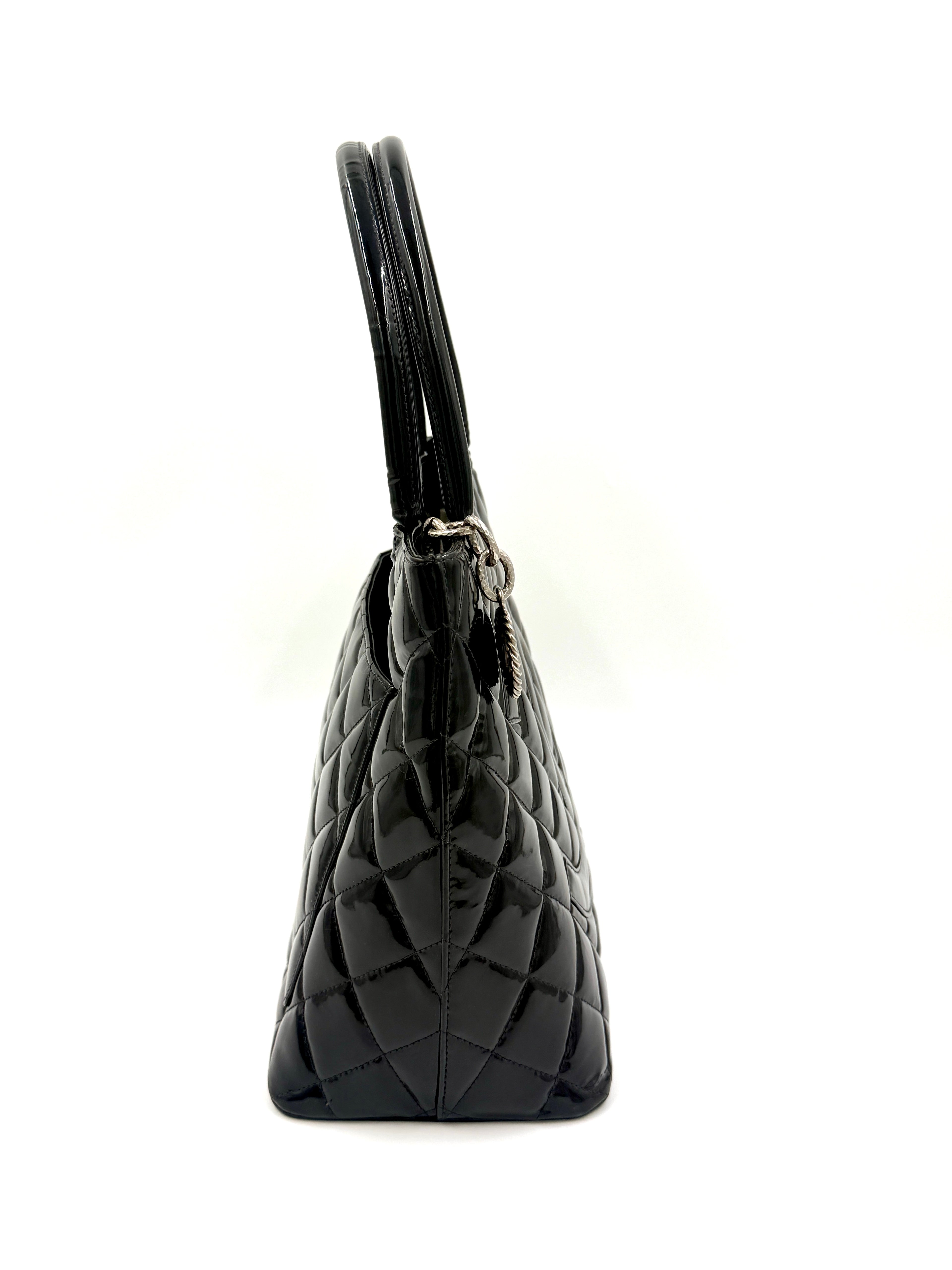 Pre-Owned Chanel Black Quilted Patent Leather Medallion Tote Bag with Silver Hardware - Authenticated