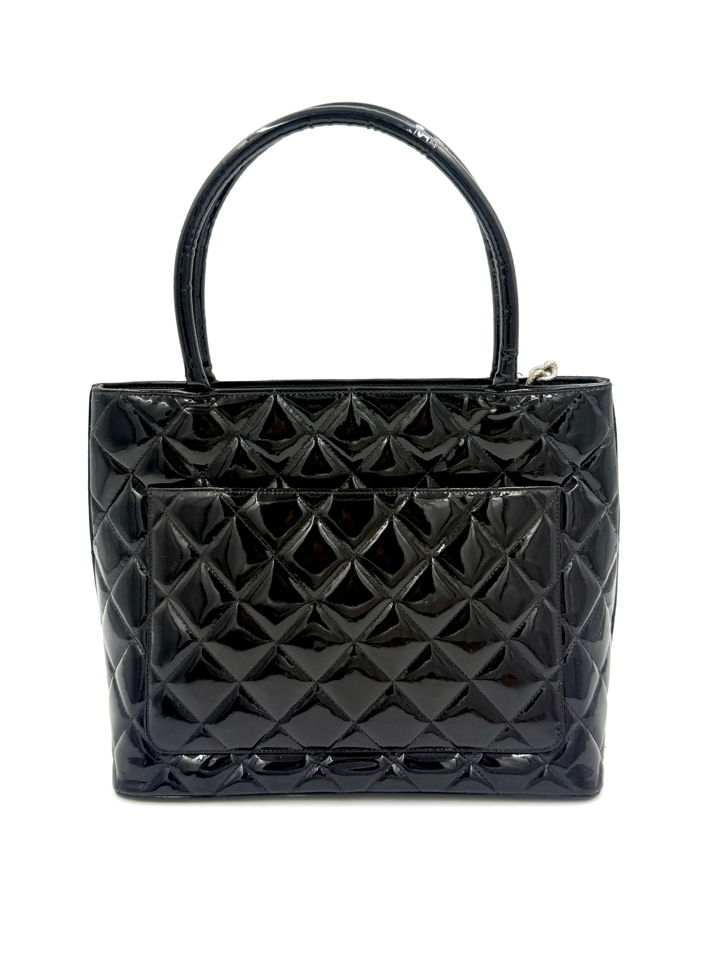 Pre-Owned Chanel Black Quilted Patent Leather Medallion Tote Bag with Silver Hardware - Authenticated
