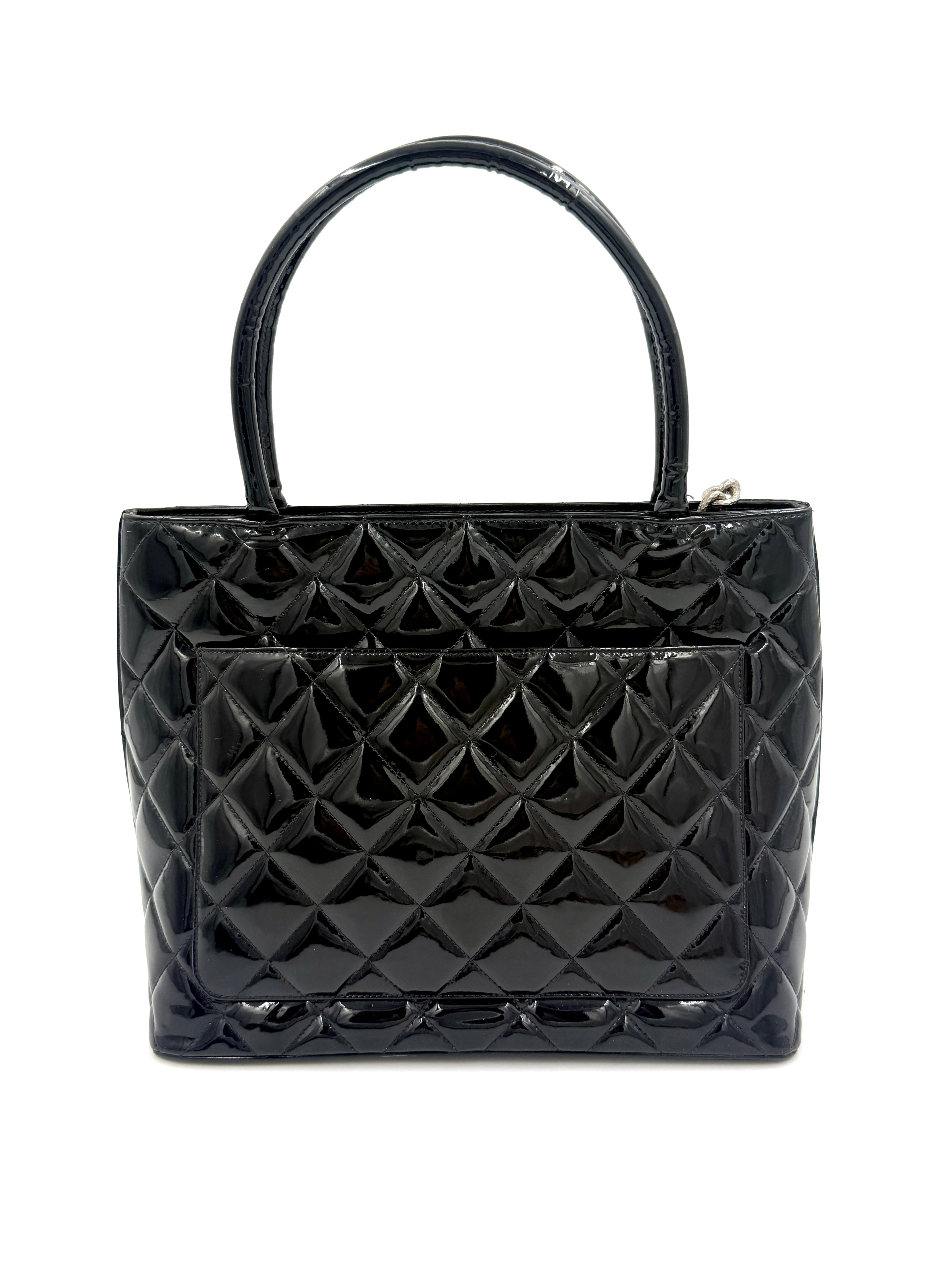 Pre-Owned Chanel Black Quilted Patent Leather Medallion Tote Bag with Silver Hardware - Authenticated