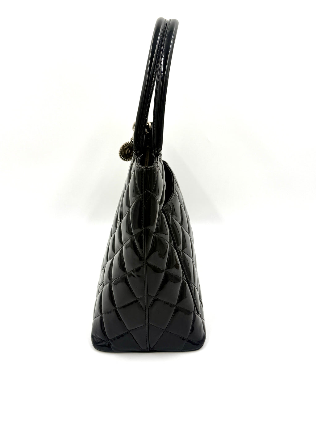 Pre-Owned Chanel Black Quilted Patent Leather Medallion Tote Bag with Silver Hardware - Authenticated