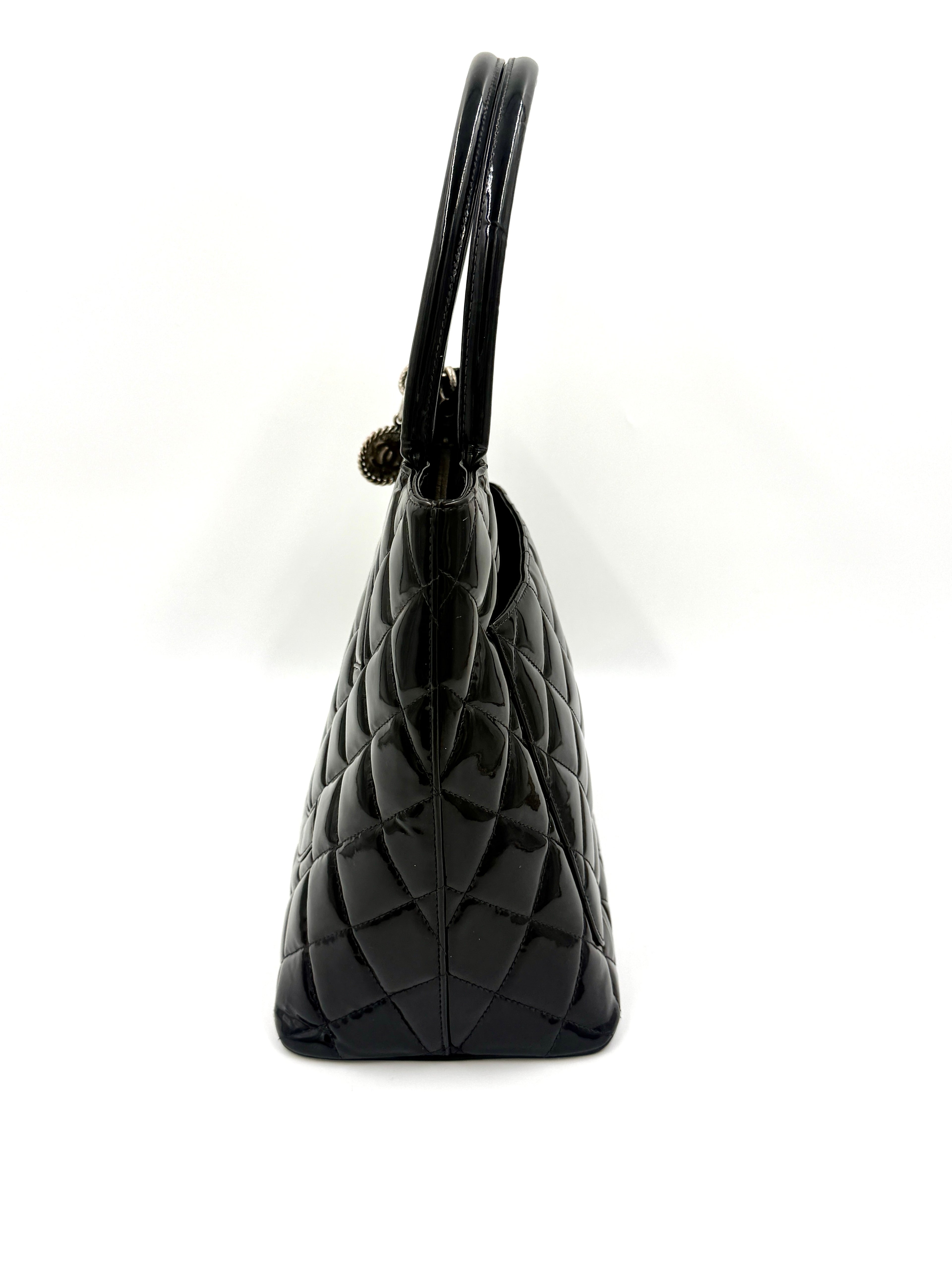 Pre-Owned Chanel Black Quilted Patent Leather Medallion Tote Bag with Silver Hardware - Authenticated