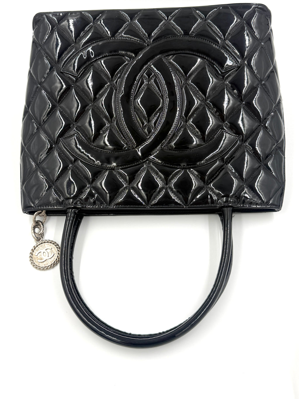 Pre-Owned Chanel Black Quilted Patent Leather Medallion Tote Bag with Silver Hardware - Authenticated