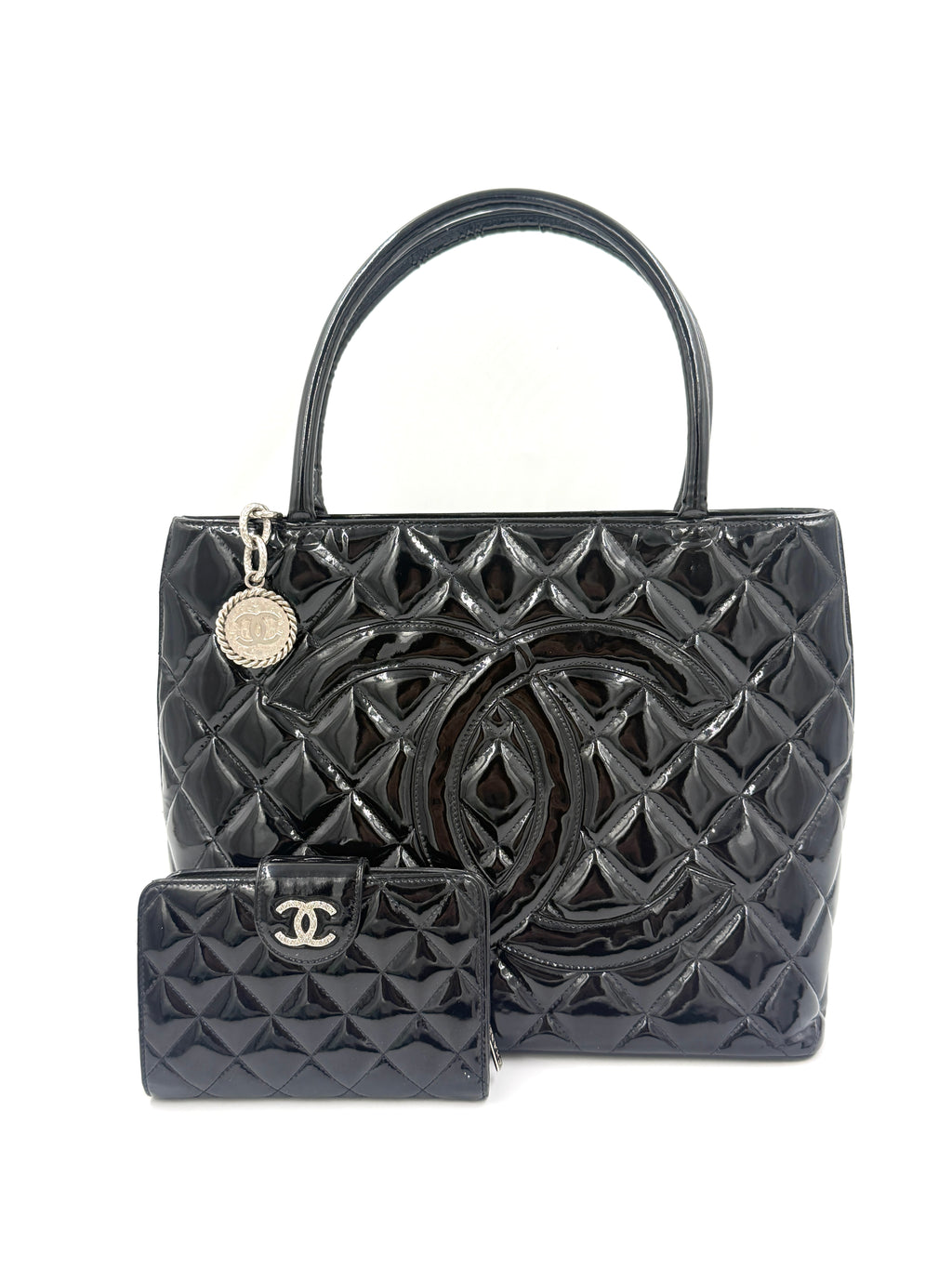 Pre-Owned Chanel Black Quilted Patent Leather Medallion Tote Bag with Silver Hardware - Authenticated
