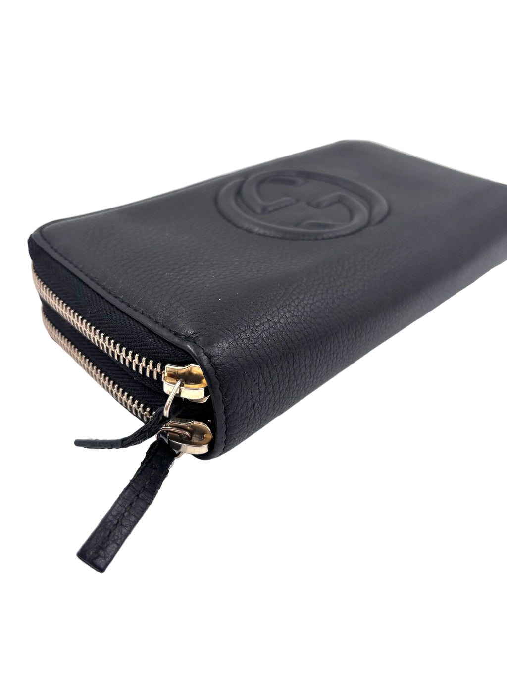 Pre-owned Gucci Soho Double Zip Around Wallet in Black Pebbled Leather