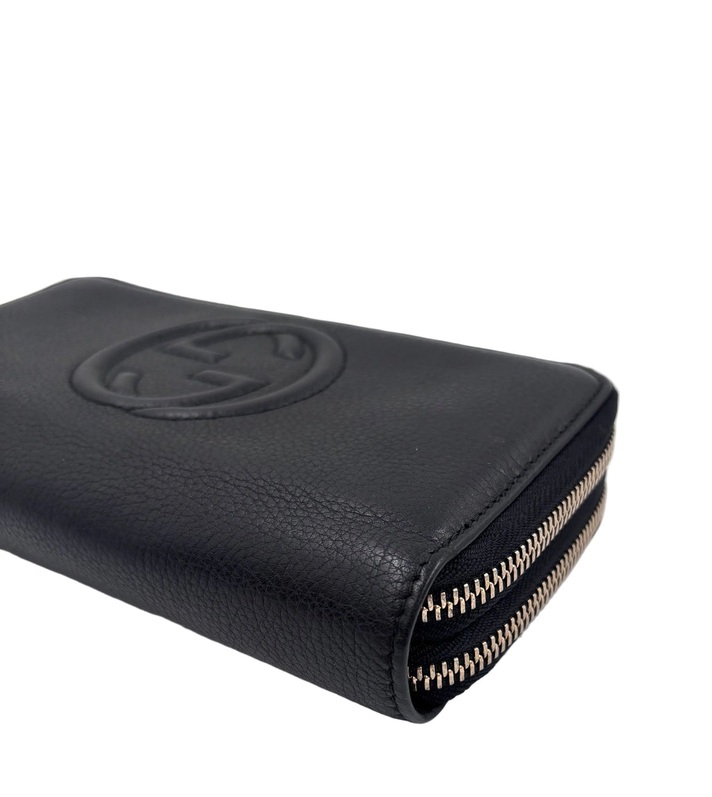 Pre-owned Gucci Soho Double Zip Around Wallet in Black Pebbled Leather