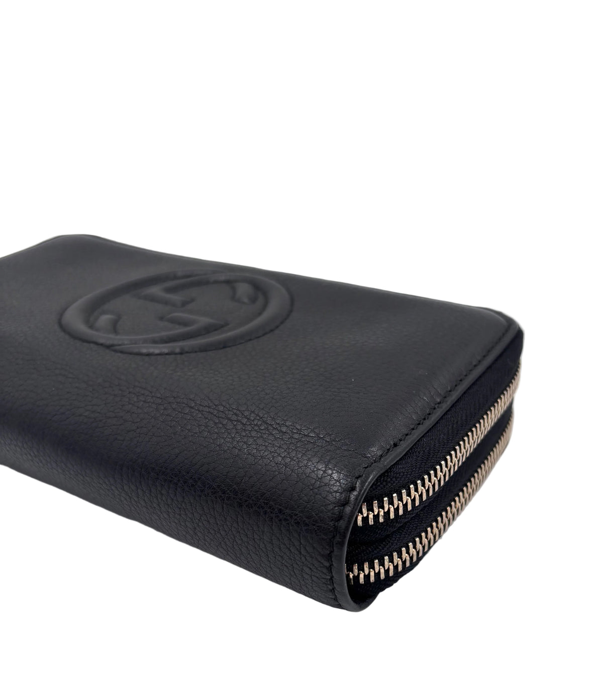 Pre-owned Gucci Soho Double Zip Around Wallet in Black Pebbled Leather