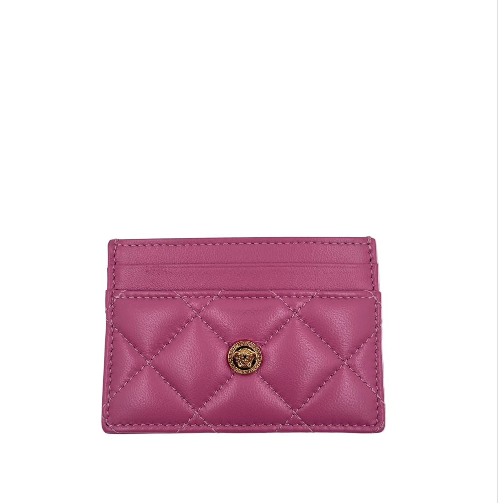 Pre-owned Versace La Medusa Quilted Leather Card Holder in Magenta