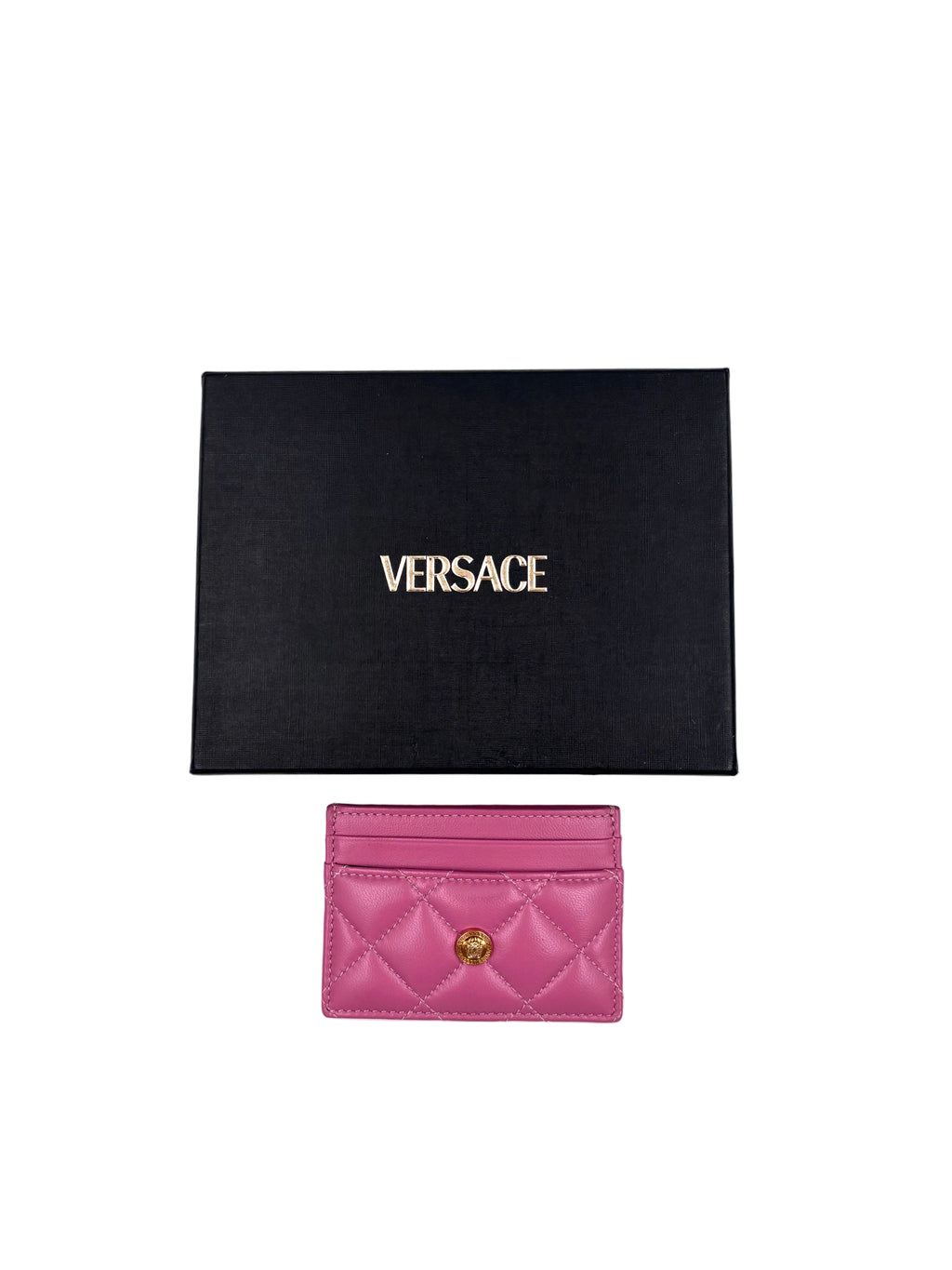 Pre-owned Versace La Medusa Quilted Leather Card Holder in Magenta