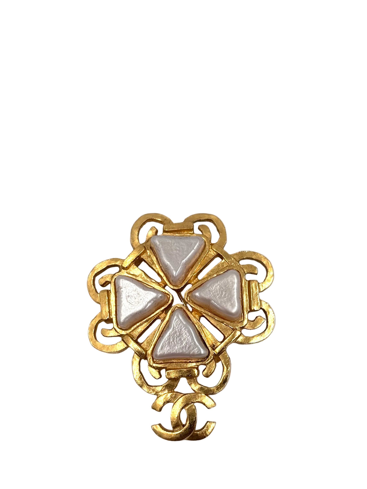 Pre-owned Chanel Triangular Pearl Coco Brooch 24K Gold Plated - Authenticated