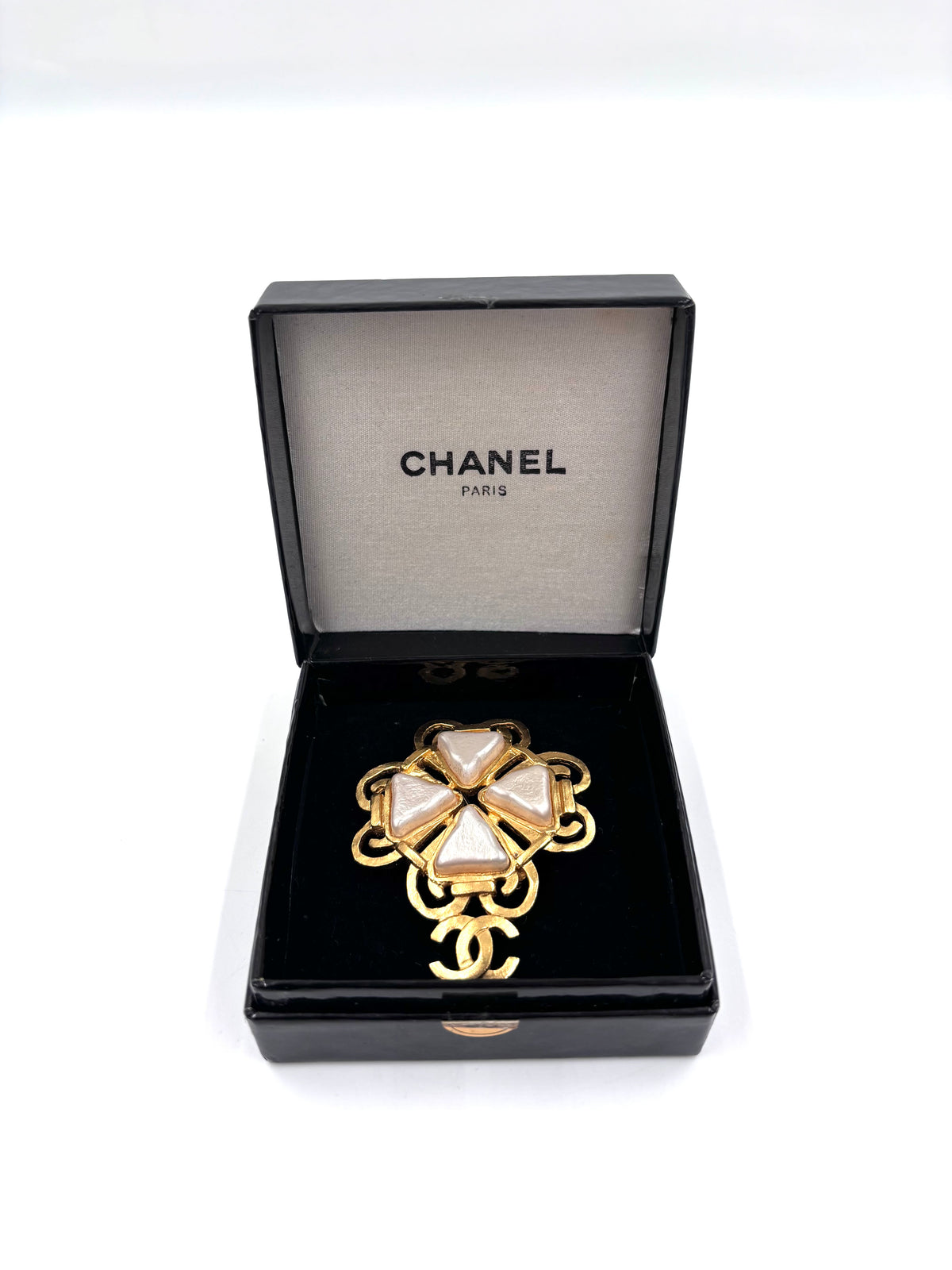Pre-owned Chanel Triangular Pearl Coco Brooch 24K Gold Plated - Authenticated
