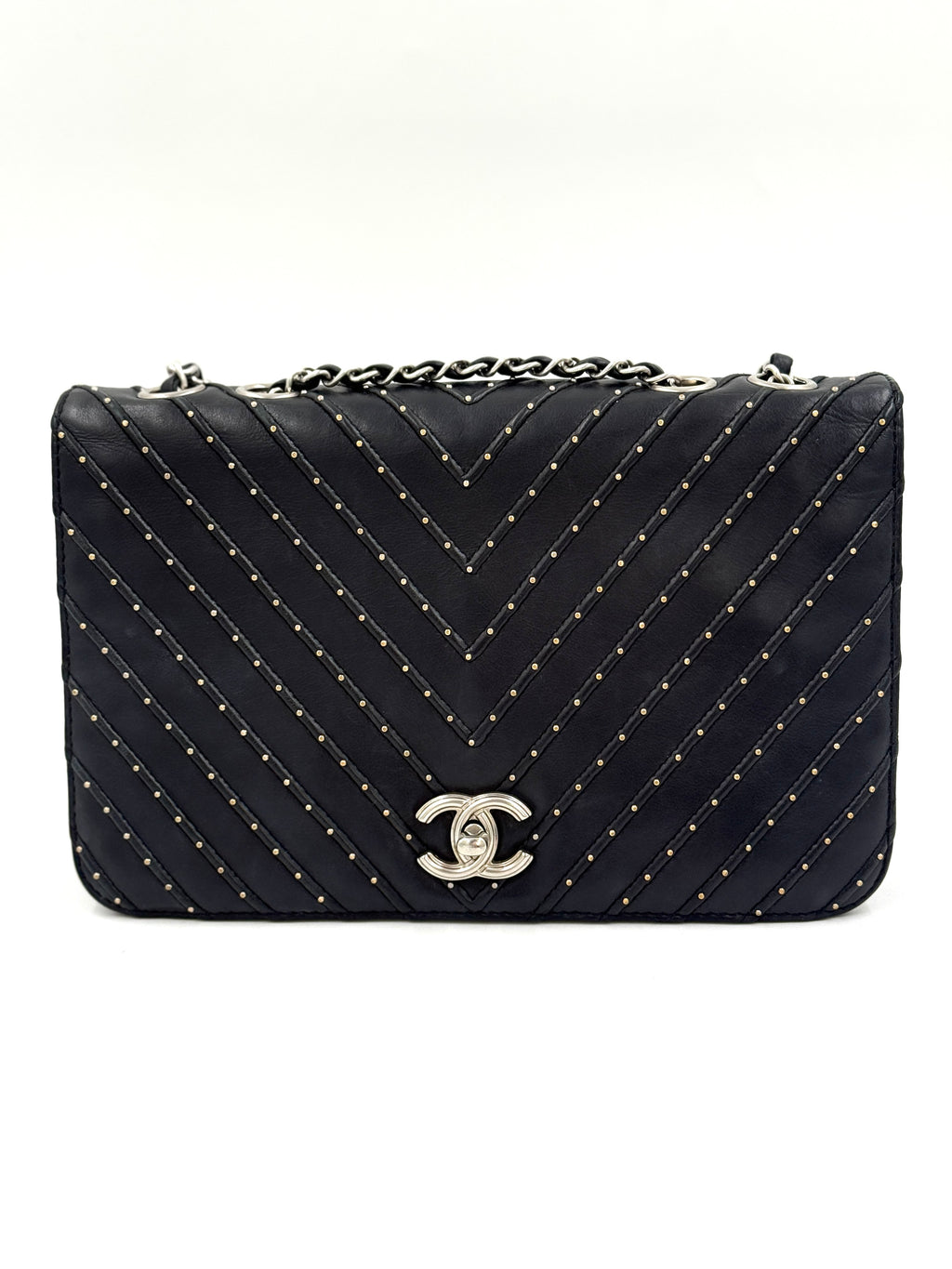 Pre-Owned Chanel Studded Chevron CC Flap Bag - Authenticated