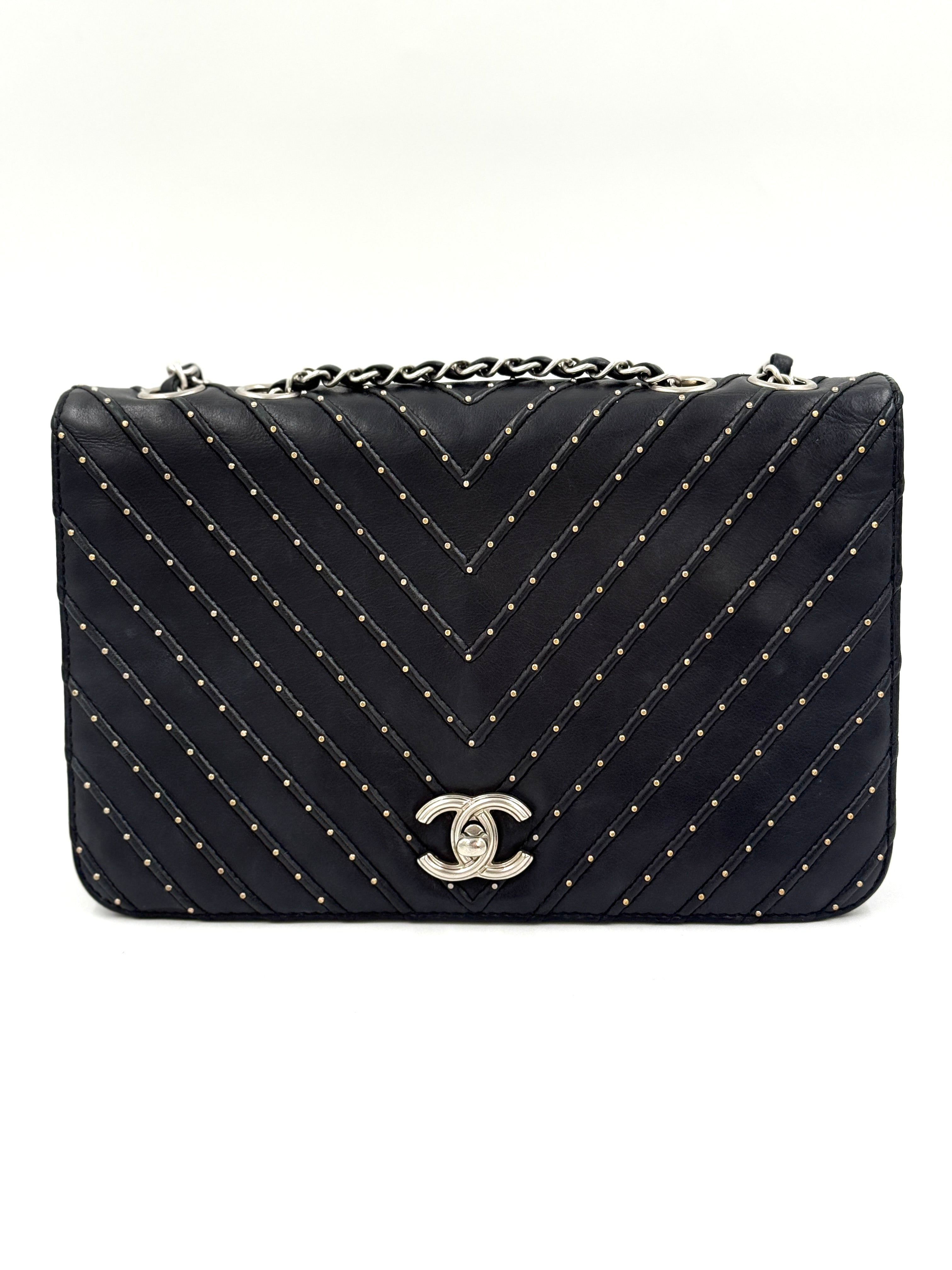 Pre-Owned Chanel Studded Chevron CC Flap Bag - Authenticated
