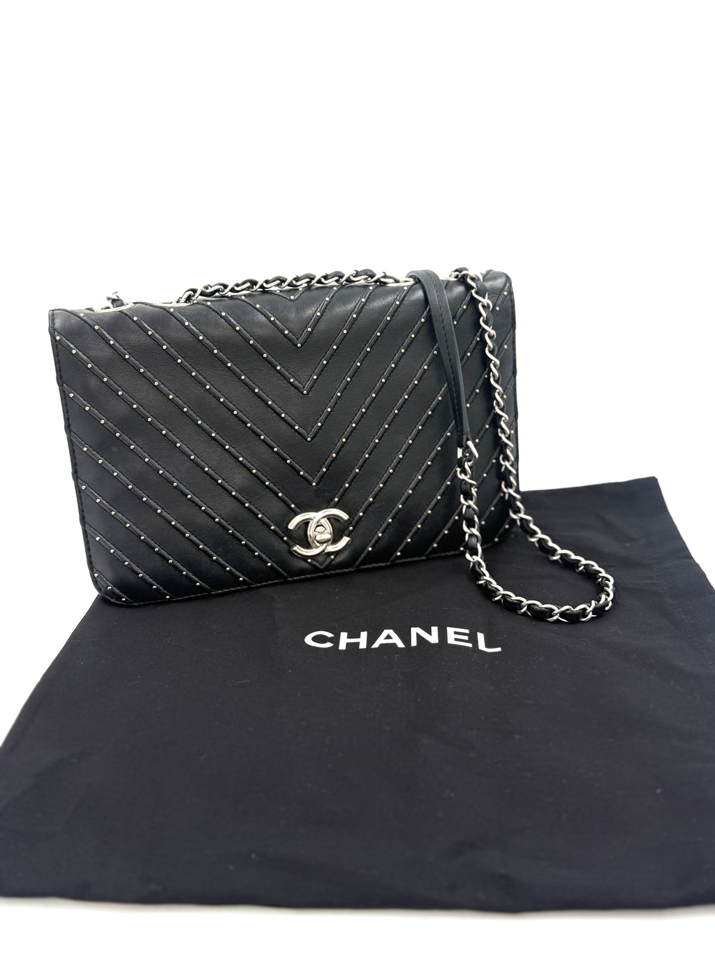 Pre-Owned Chanel Studded Chevron CC Flap Bag - Authenticated