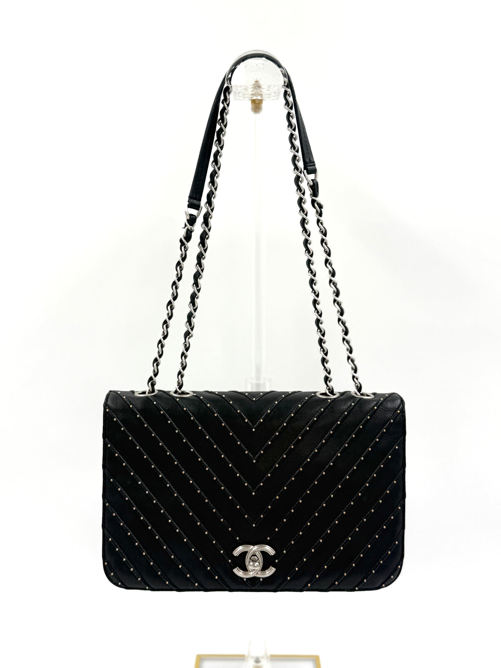 Pre-Owned Chanel Studded Chevron CC Flap Bag - Authenticated