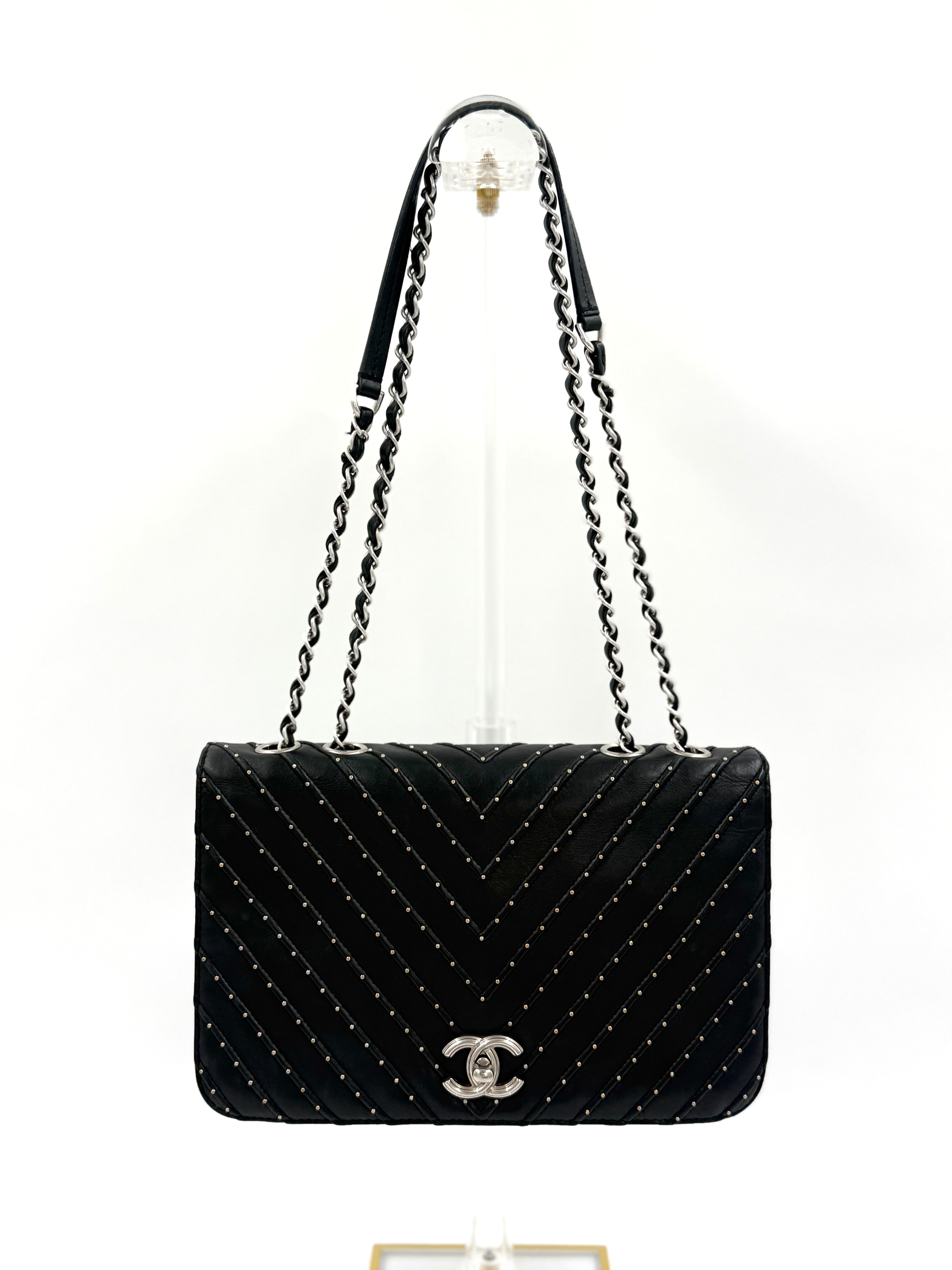 Pre-Owned Chanel Studded Chevron CC Flap Bag - Authenticated